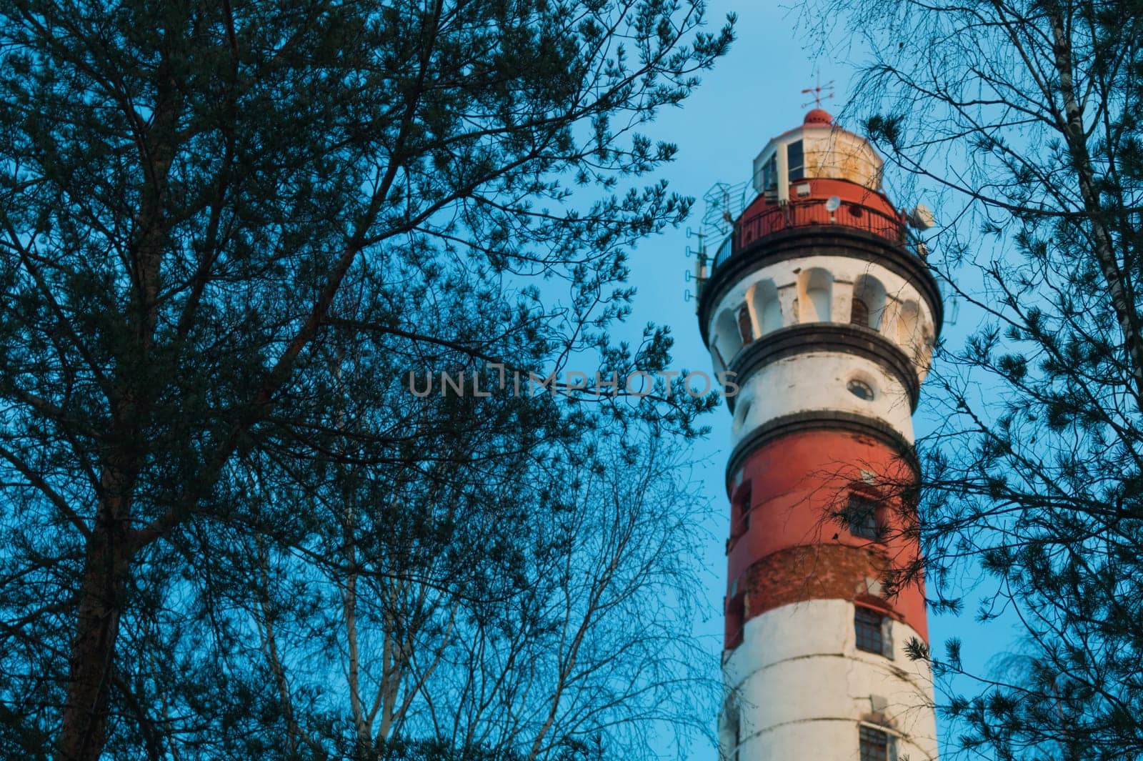 Lighthouse in the forest between the trees. red and white lighthouse background
