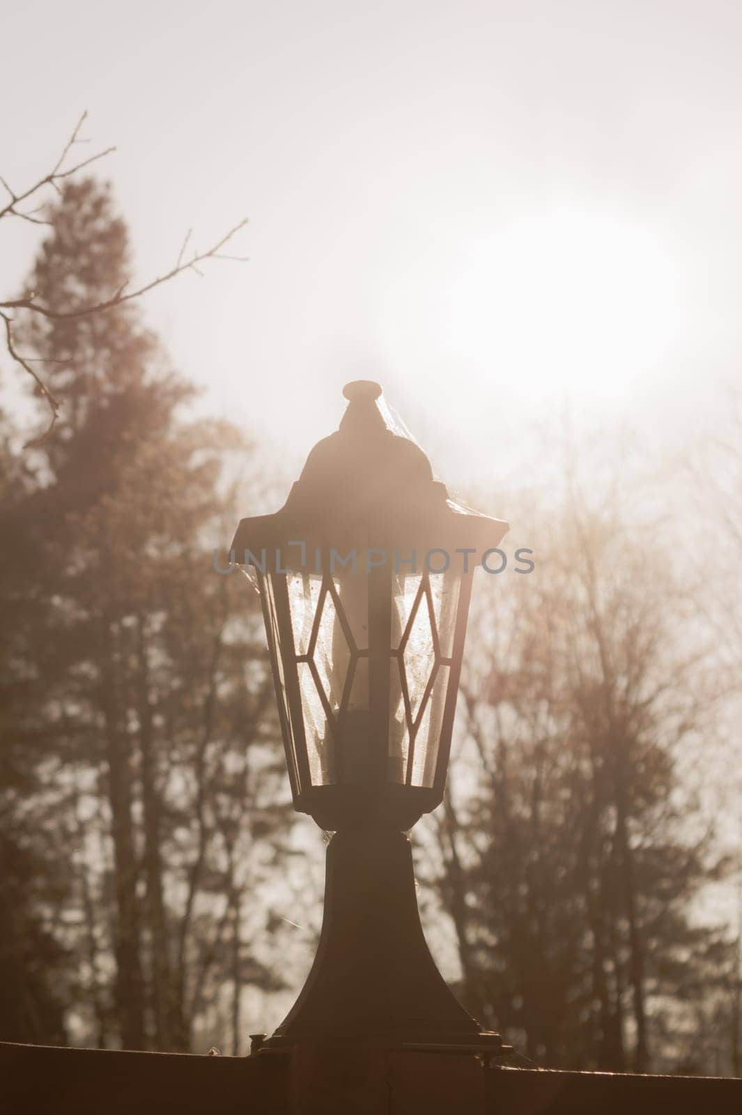 Retro street lamp at sunset. Vintage lantern at evening light background