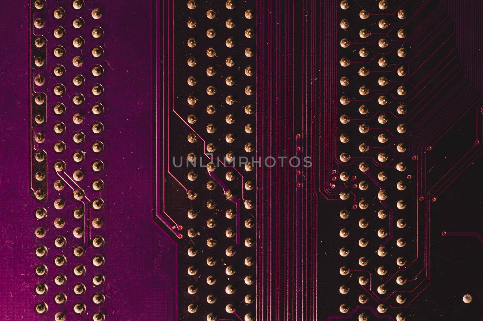 Spoiled motherboard close up. circuit board with dust and defects. modern technologies. micro elements of computer with connections and traces. Intelligent technology abstract background