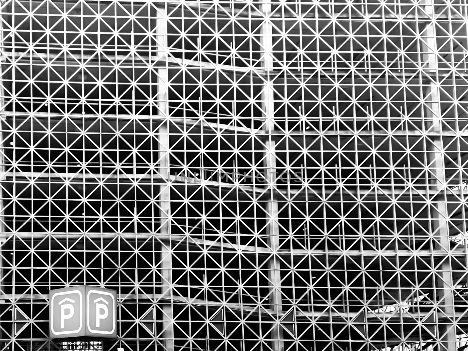 Modern parking lot building with abstract design black and white