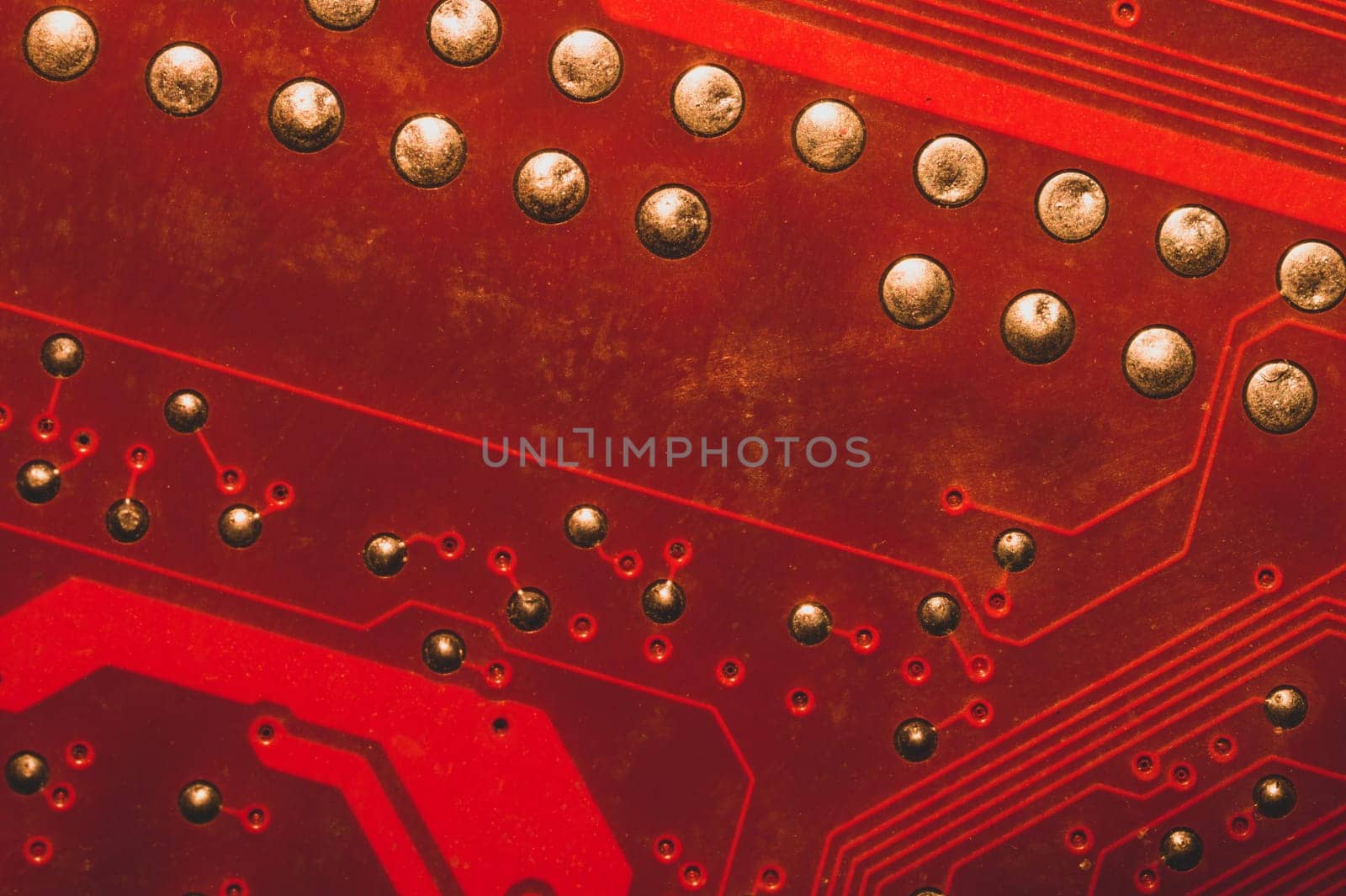 Spoiled motherboard close up. circuit board with dust and defects. modern technologies. micro elements of computer with connections and traces. Intelligent technology abstract background