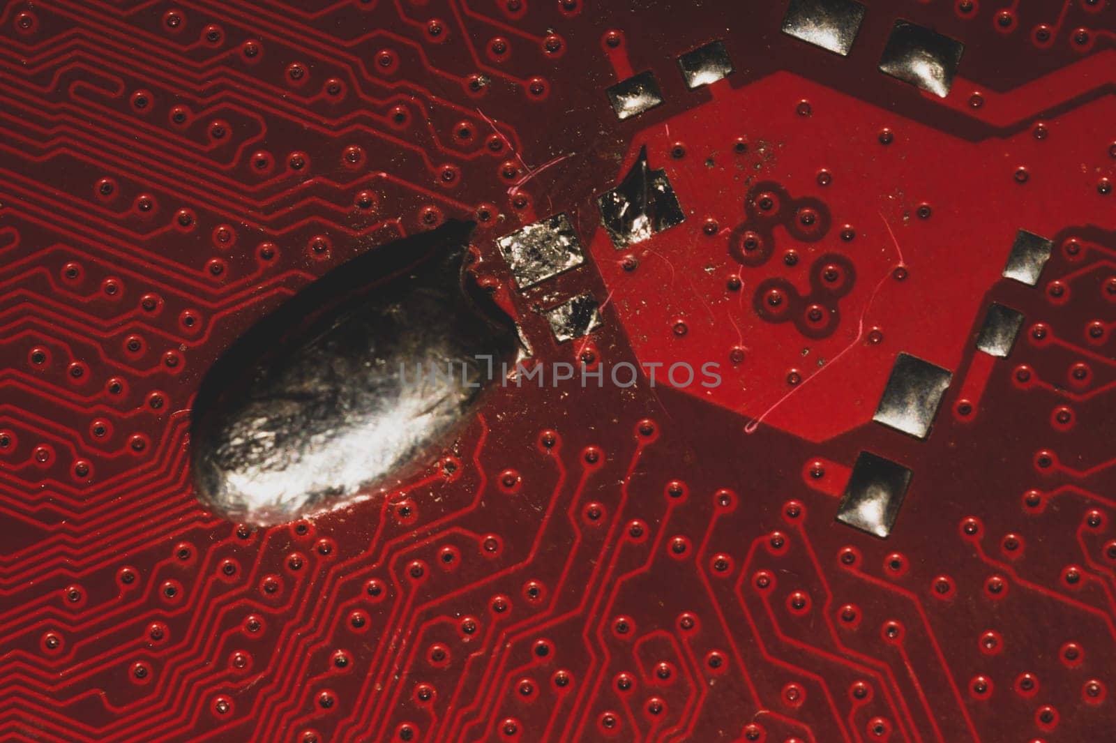 Spoiled motherboard close up. circuit board with dust and defects. modern technologies. micro elements of computer with connections and traces. Intelligent technology abstract background