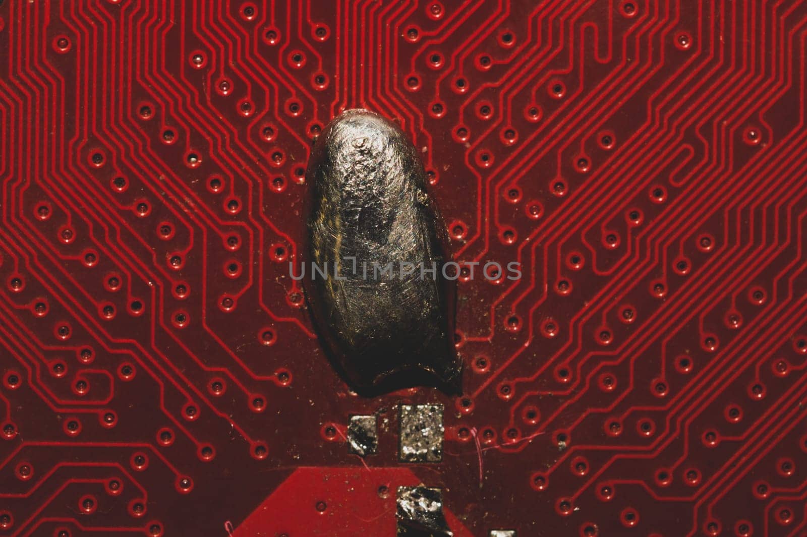 Spoiled motherboard close up. circuit board with dust and defects. modern technologies. micro elements of computer with connections and traces. Intelligent technology abstract background