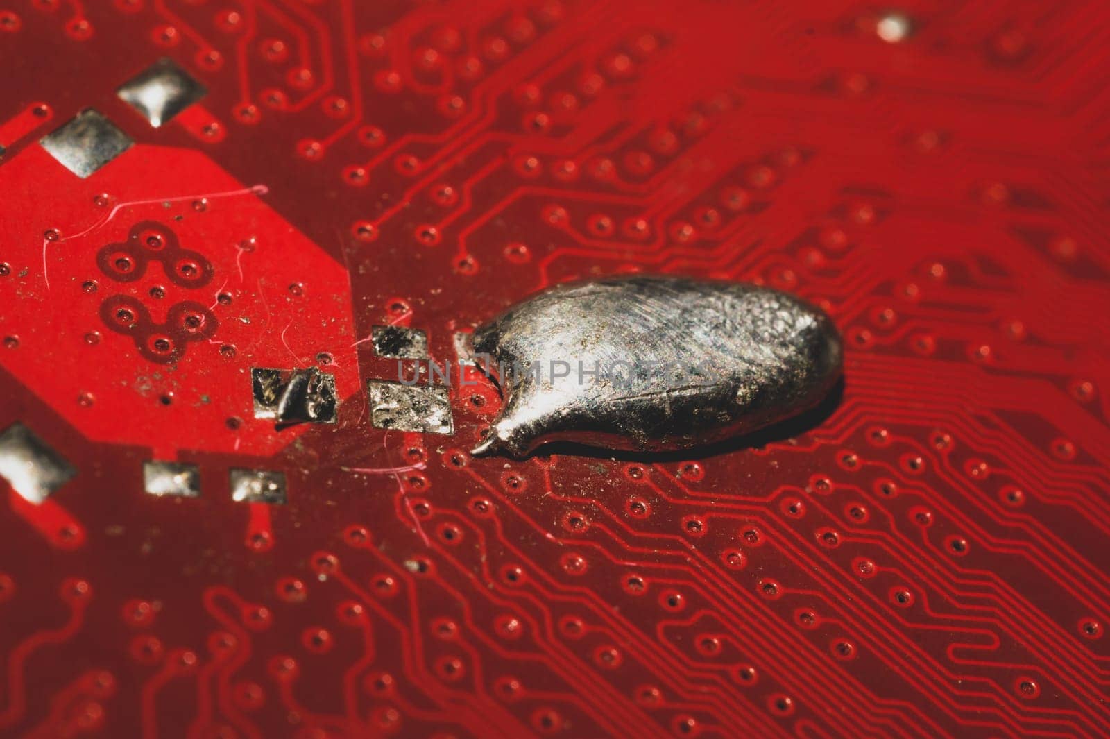 Spoiled motherboard close up. circuit board with dust and defects. modern technologies. micro elements of computer with connections and traces. Intelligent technology abstract background