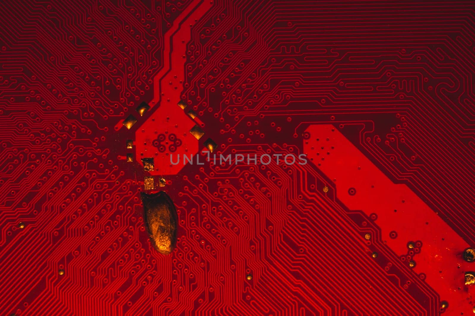 Spoiled motherboard close up. circuit board with dust and defects. modern technologies. micro elements of computer with connections and traces. Intelligent technology abstract background