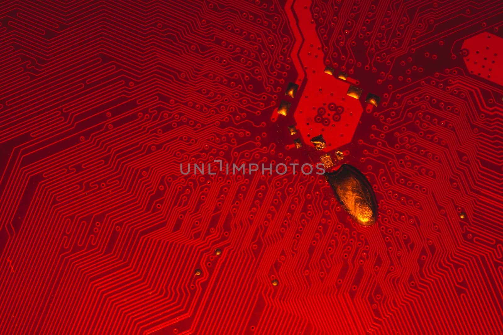 Spoiled motherboard close up. circuit board with dust and defects. modern technologies. micro elements of computer with connections and traces. Intelligent technology abstract background