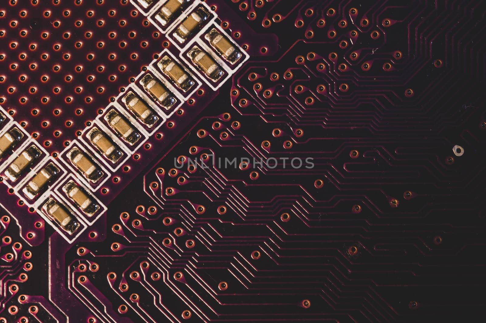 Electronic circuit board abstract background. computer motherboard close up. modern technologies. micro elements of computer with connections and traces. Intelligent technology
