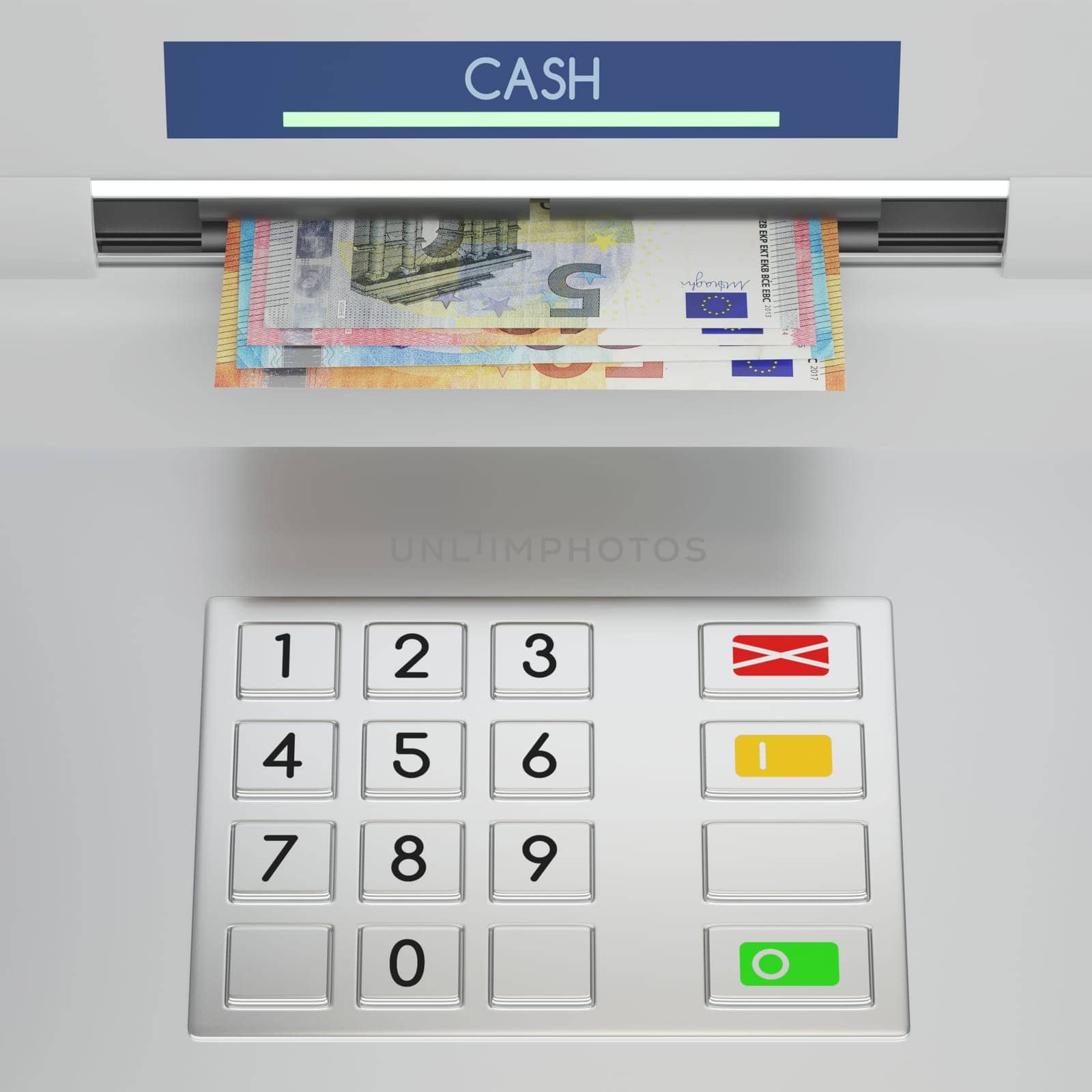 Atm machine keypad with different euro banknotes in money slot. Password security, giving money returning bank debt online payment, cash withdrawal deposit, transfer funds, concept. 3D illustration