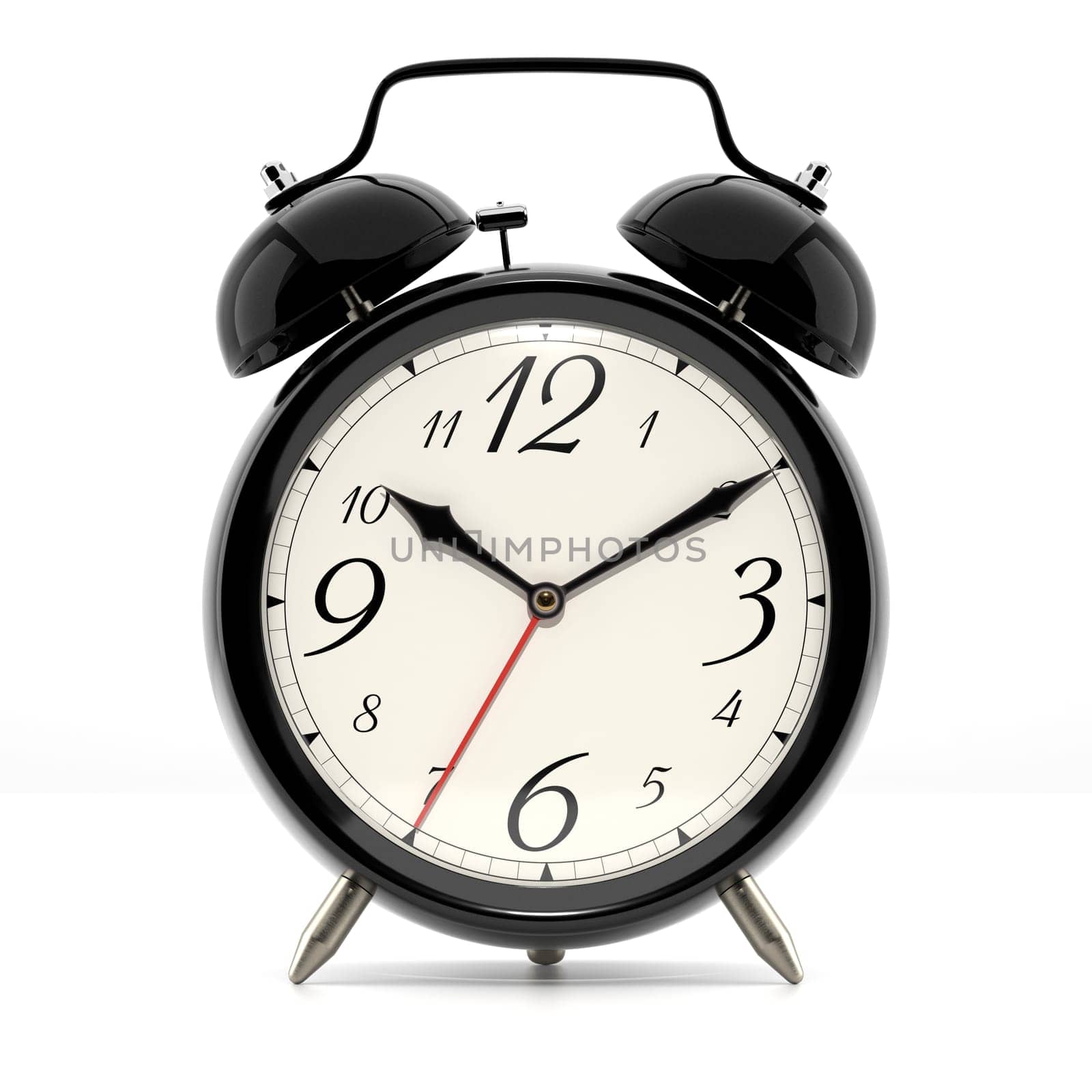 Alarm clock on white background with shadow. Vintage style black color clock with black hands.
