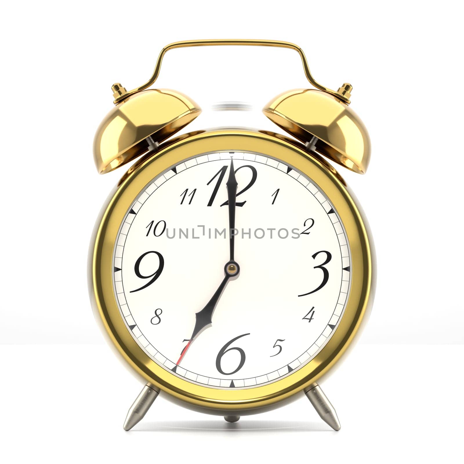 Ringing alarm clock. Golden table shelf vintage clock on white background. 3D illustration