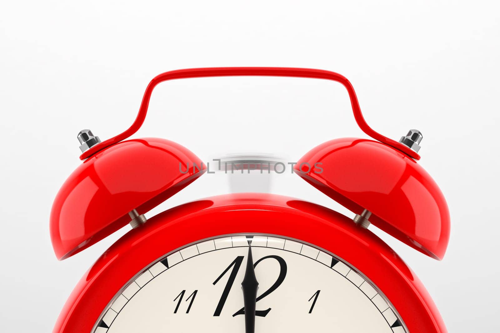 Ringing alarm clock. Red table shelf vintage clock on white background. 3D illustration
