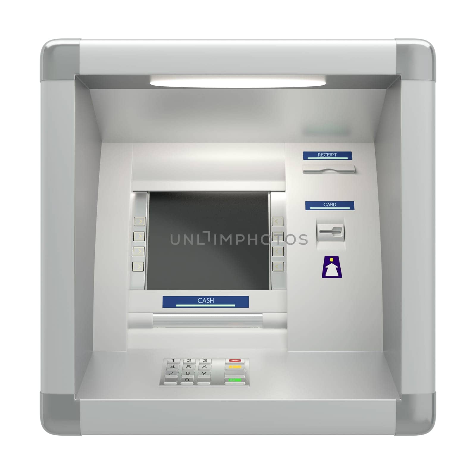 Atm machine with a card reader. Pin code safety, automatic banking, bank account access electronic cash withdrawal, concept. Display screen, buttons, cash dispenser, receipt printer. 3D illustration