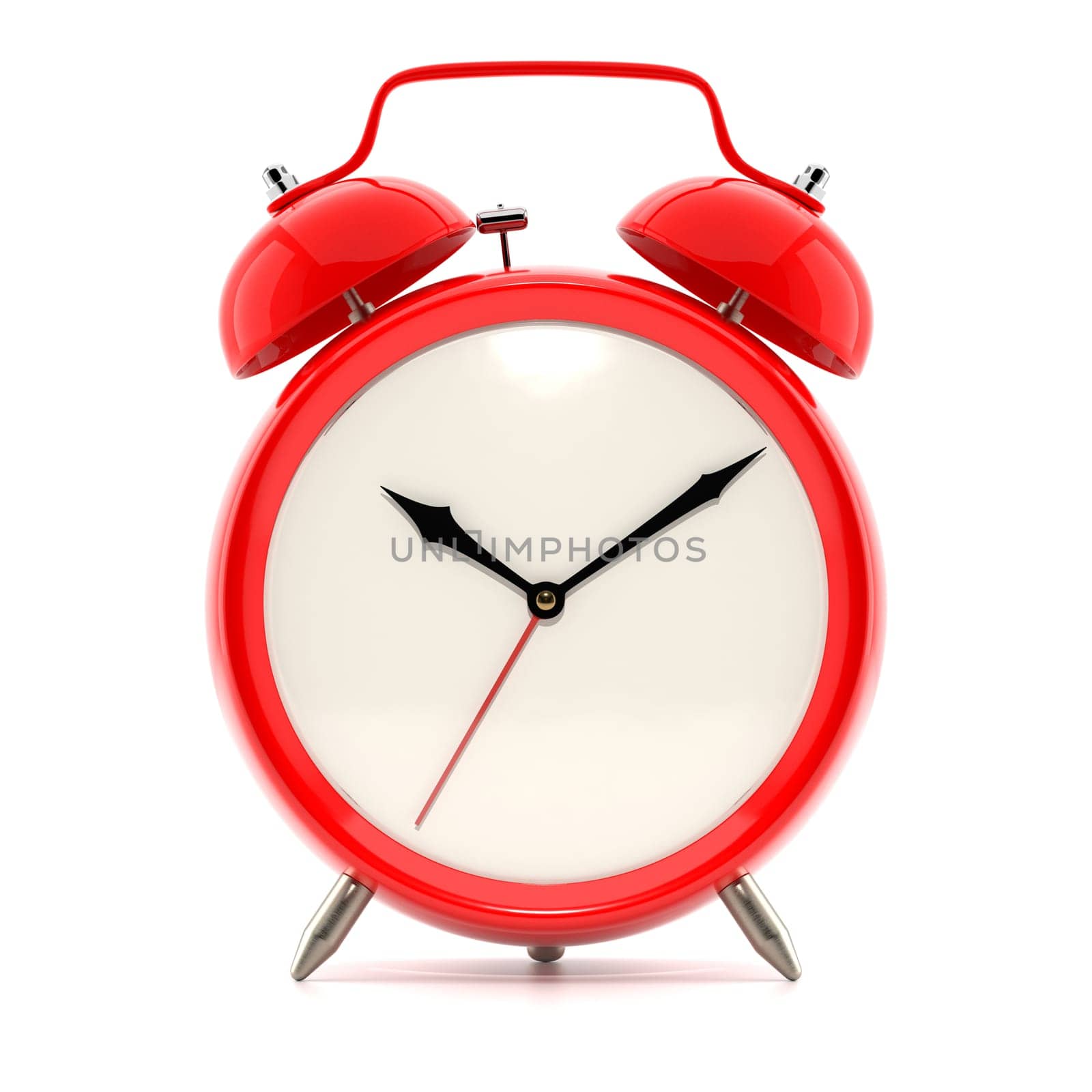 Alarm clock on white background with shadow. Vintage style red color clock with black hands.