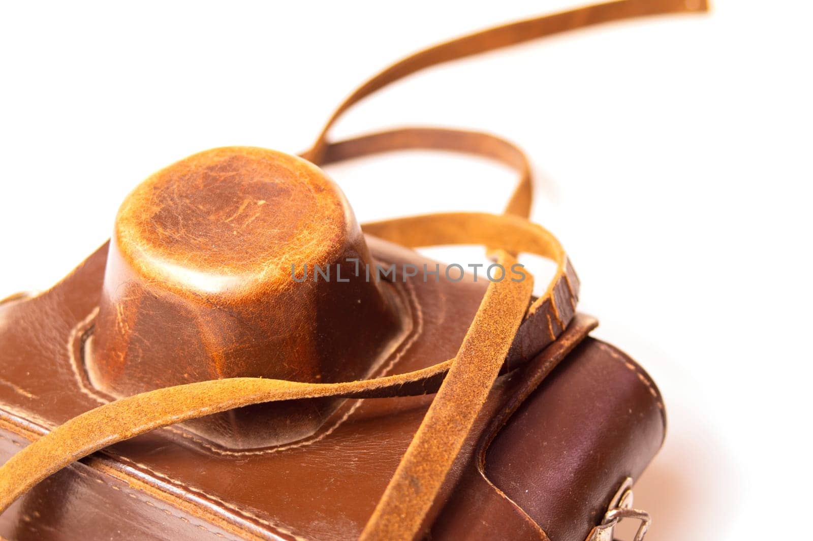 Old camera in brown leather case