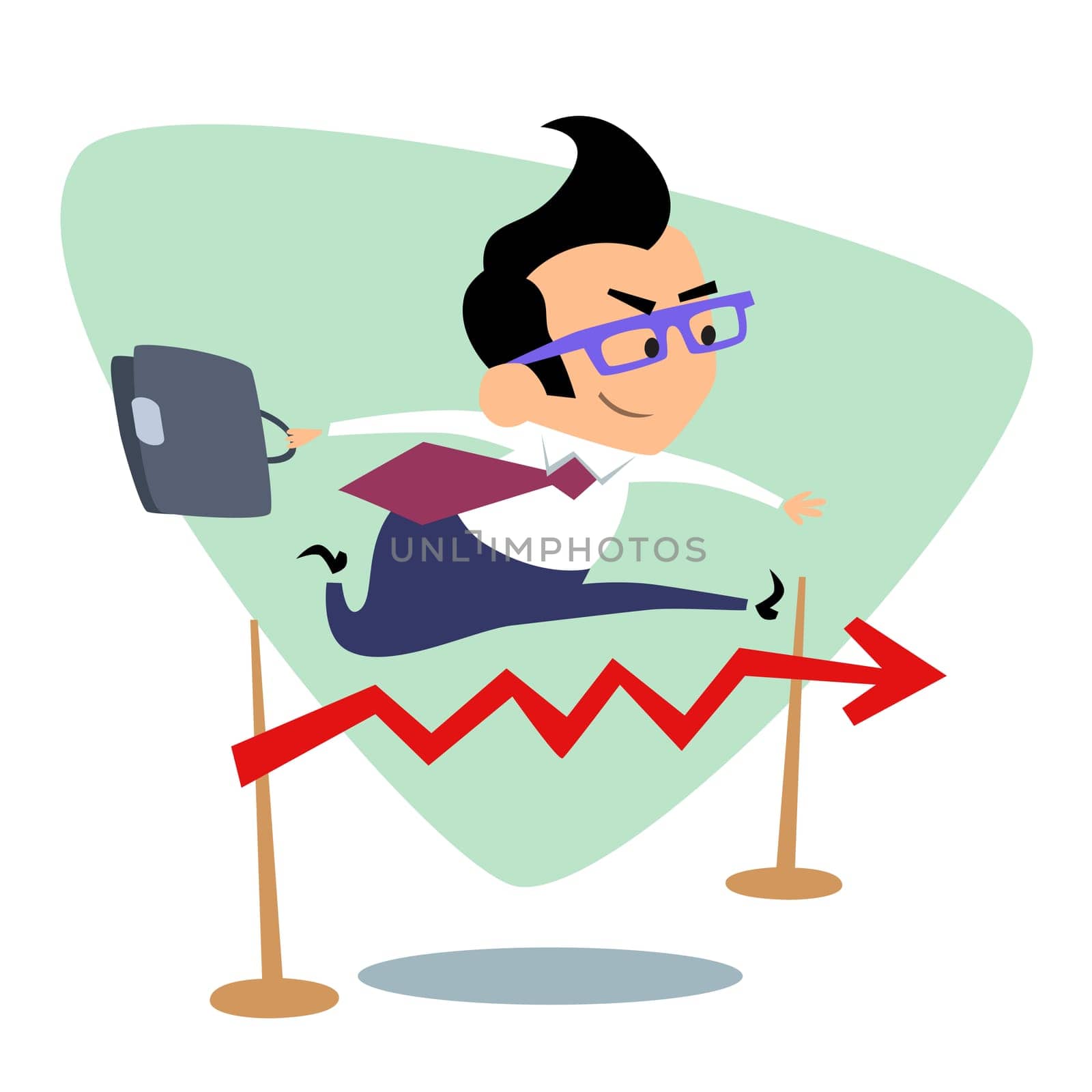 Businessman steeplechase jump over the barrier graph of sales. The image of business as a sport. Businessman in sports situations