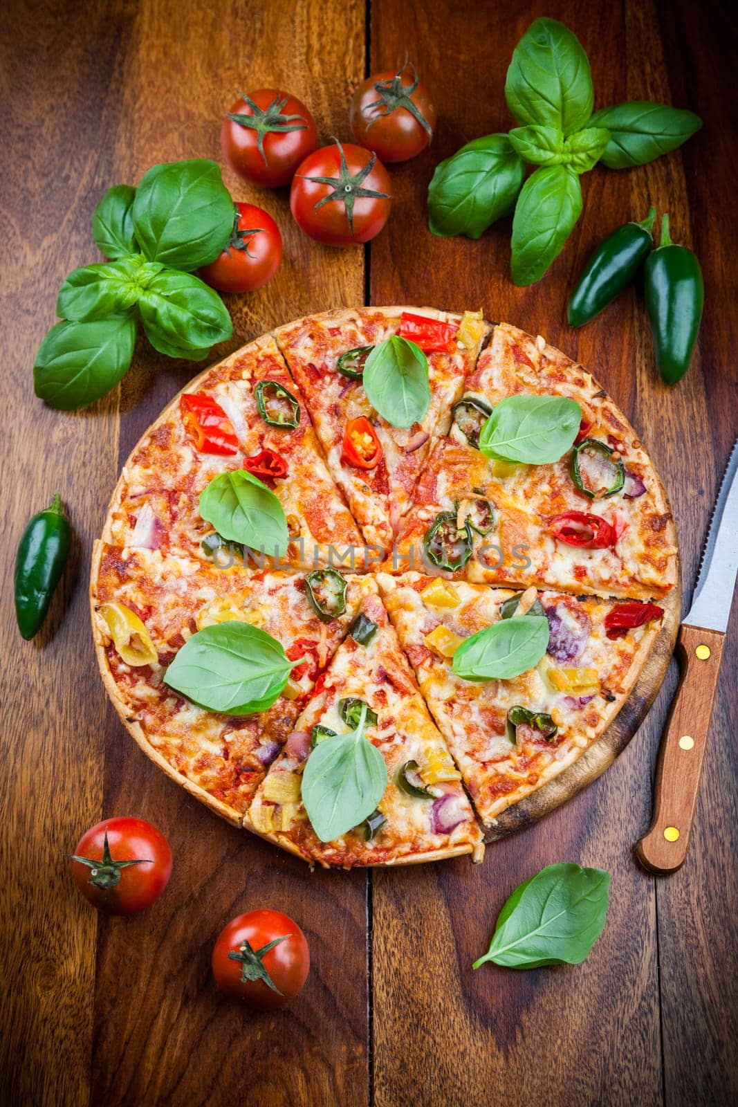 Tradition spanish pizza with chili and jalapenos