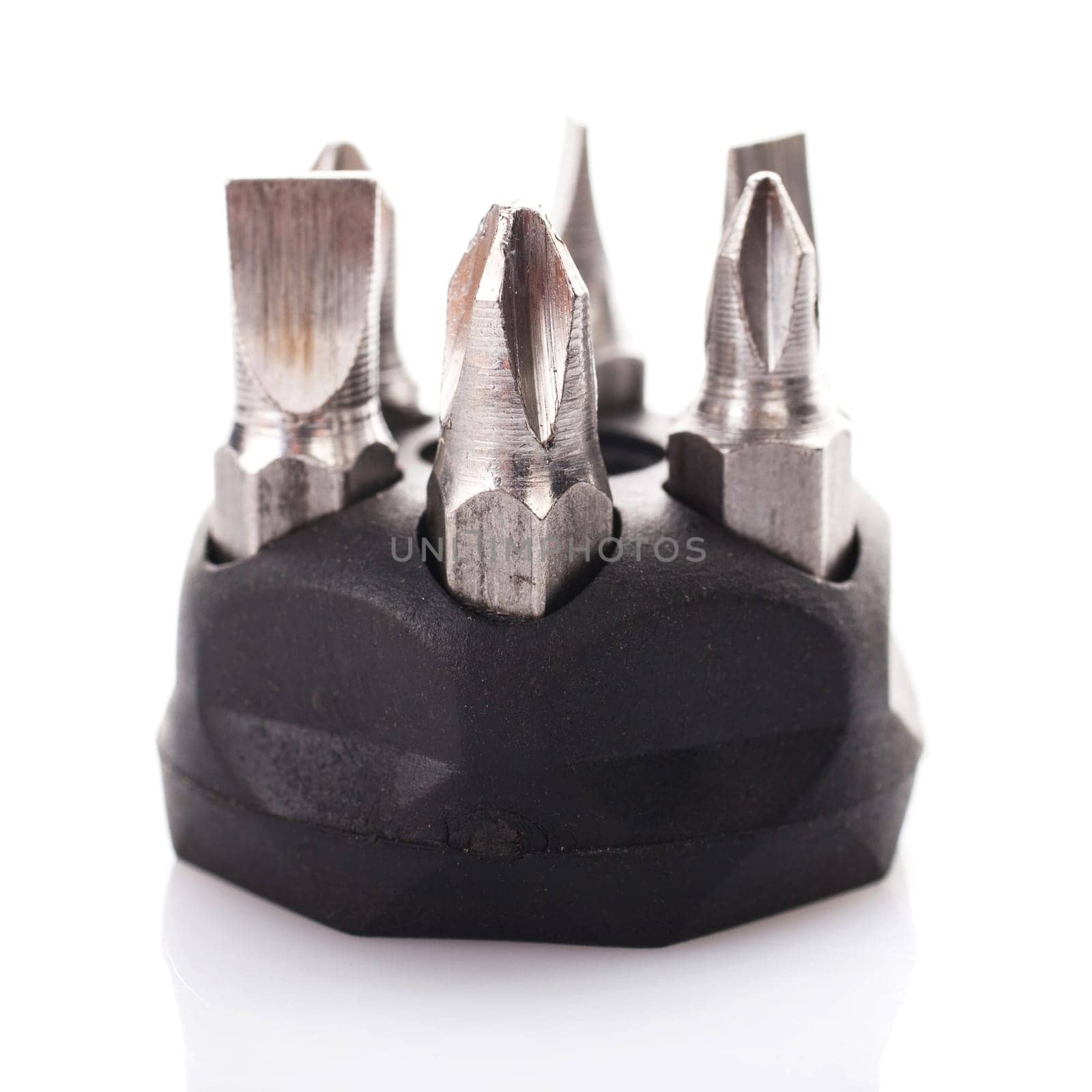 Screwdriver drill bits on white