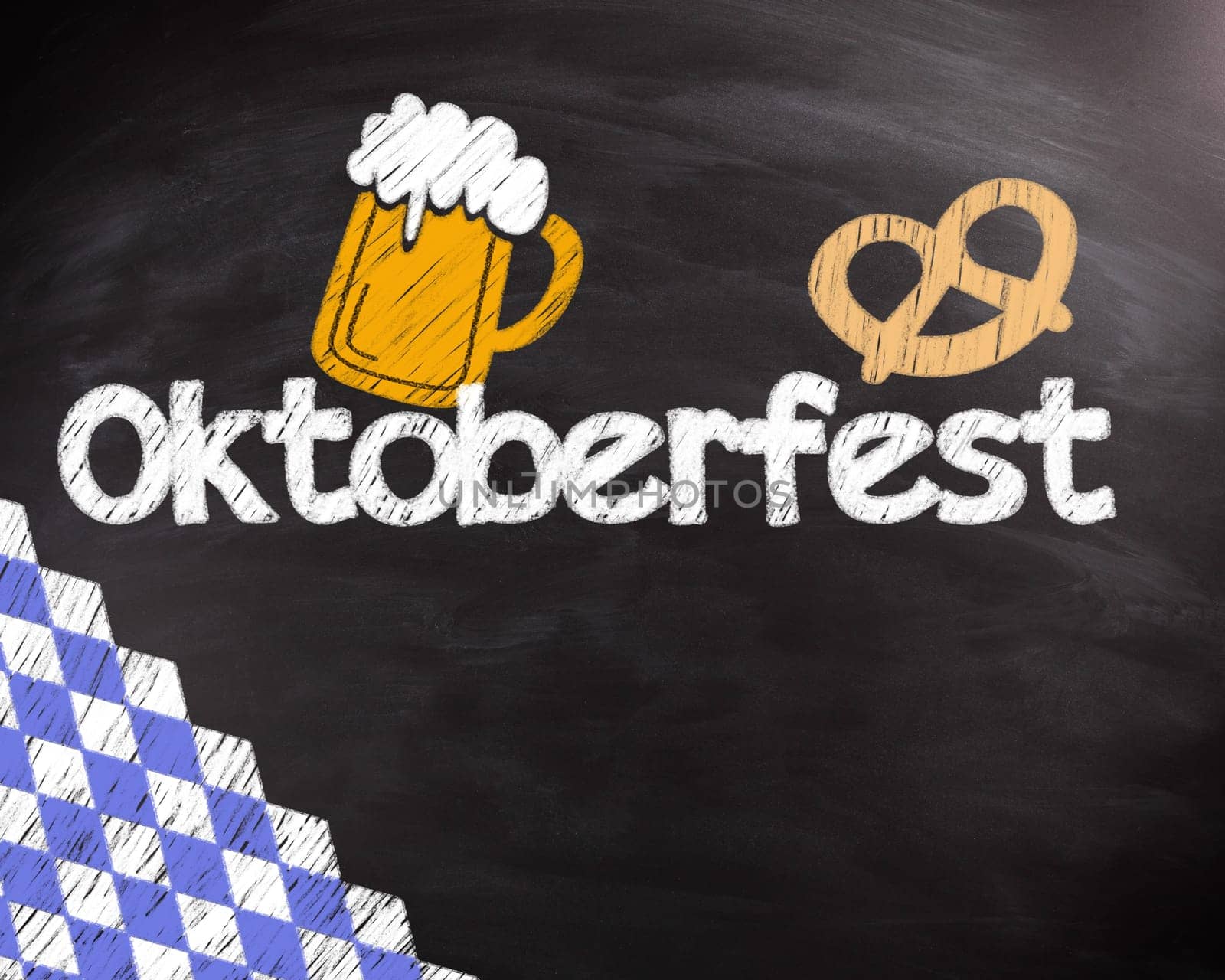 Conceptual Octoberfest Text with Mug of Beer and Pretzels Drawing Design on Black Chalkboard.