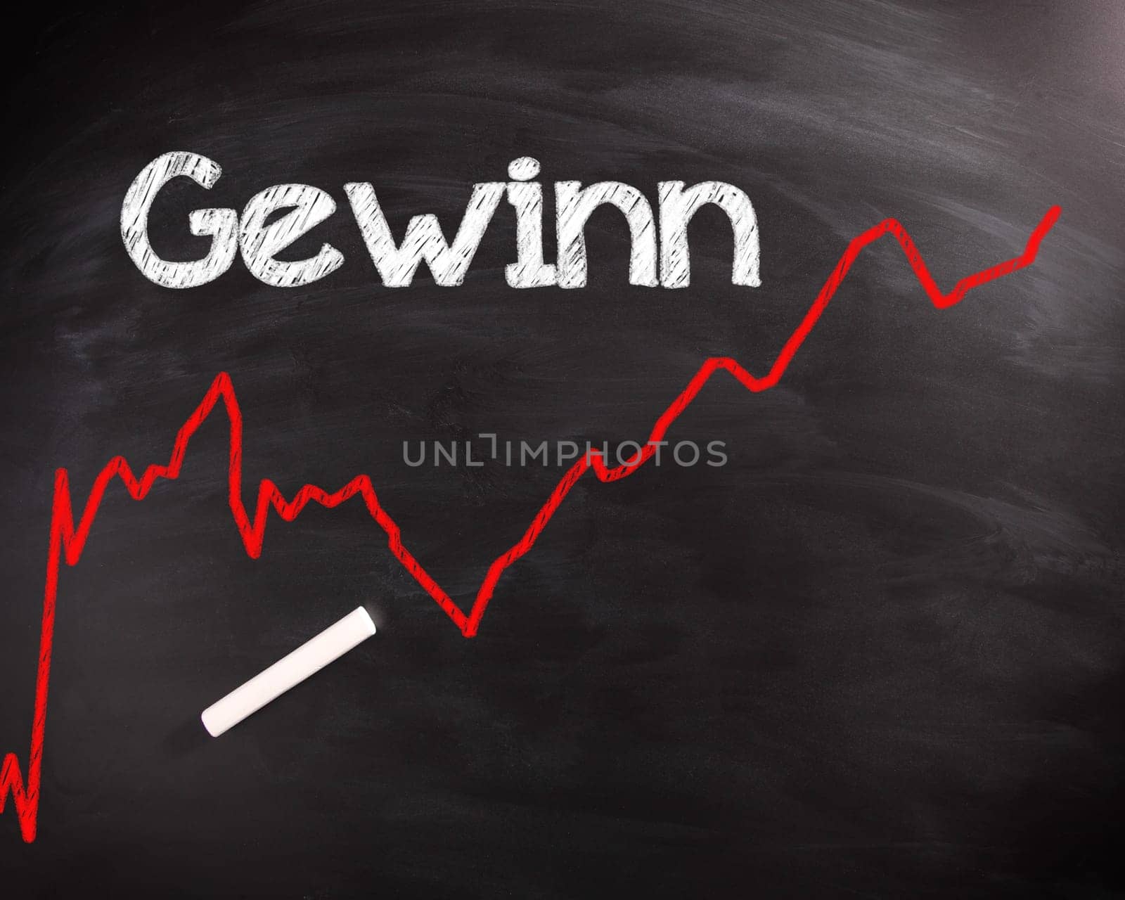 Conceptual Gewinn or Profit Rate Graph on Black Chalkboard with Chalk Stick on Top, Captured on High Angle View.
