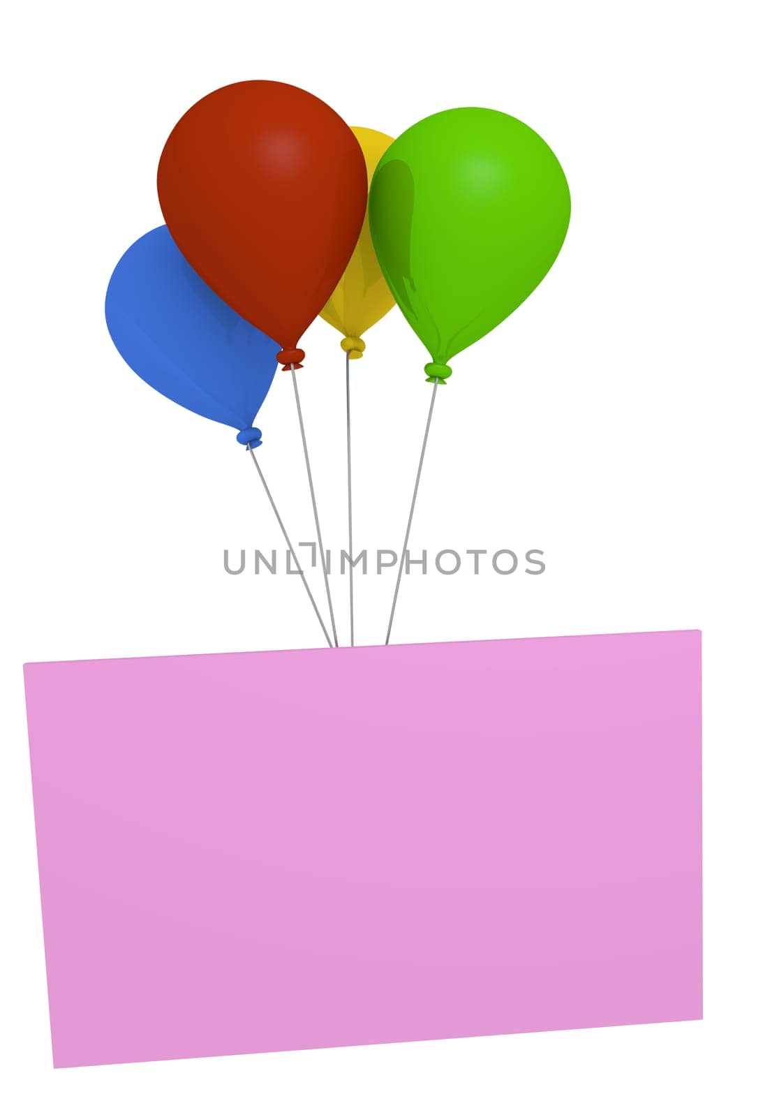 Colorful balloons with a pink greeting card on a white background
