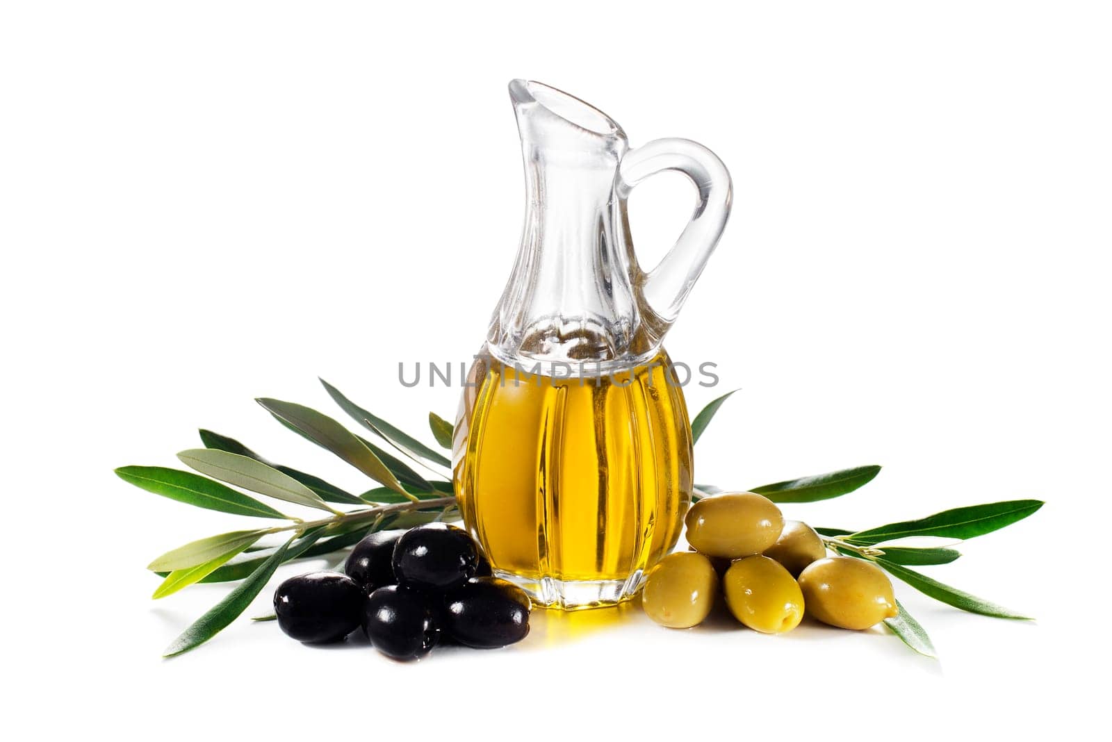 Olive oil and olive branch isolated on white