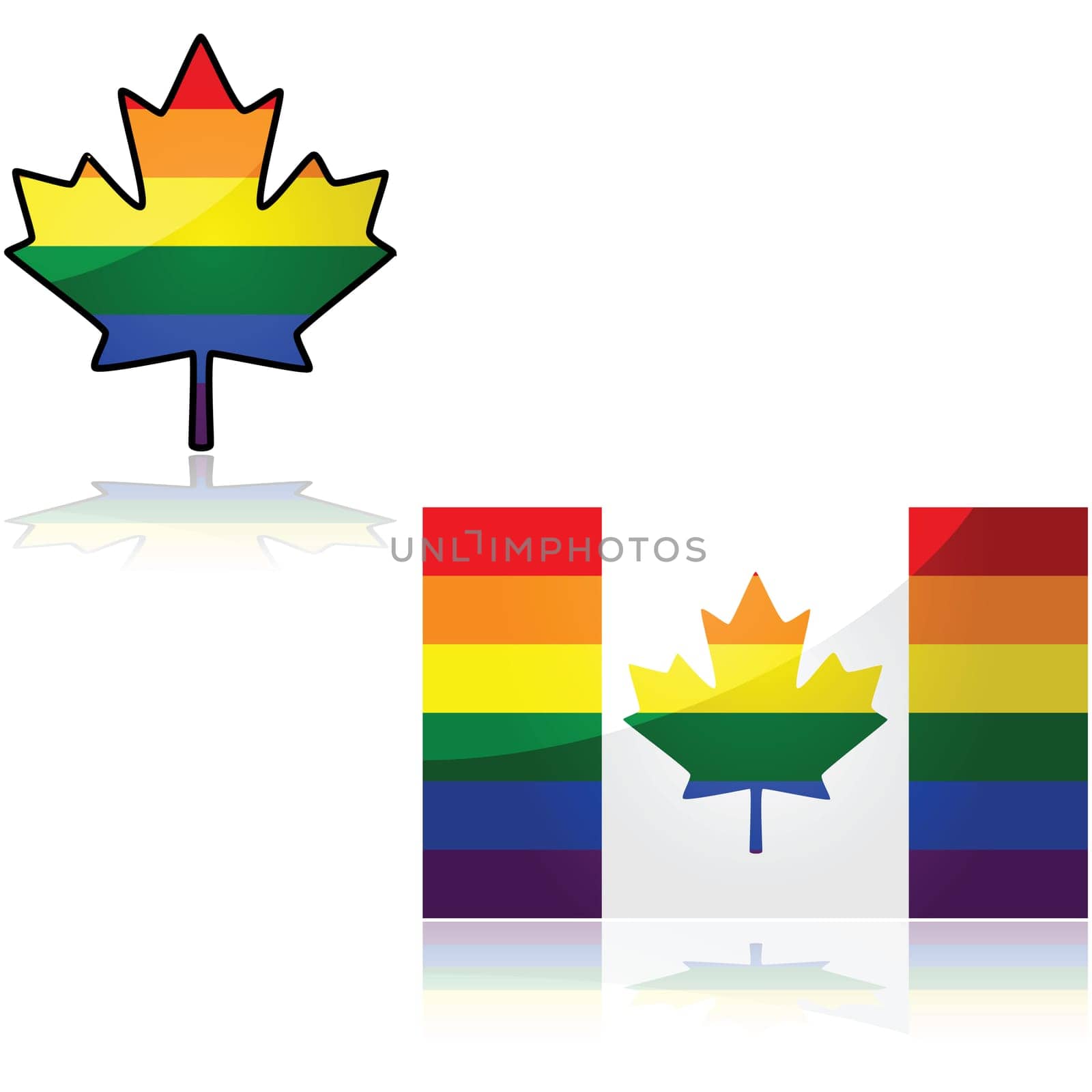 Concept illustration showing the Canadian flag with the colors of the rainbow