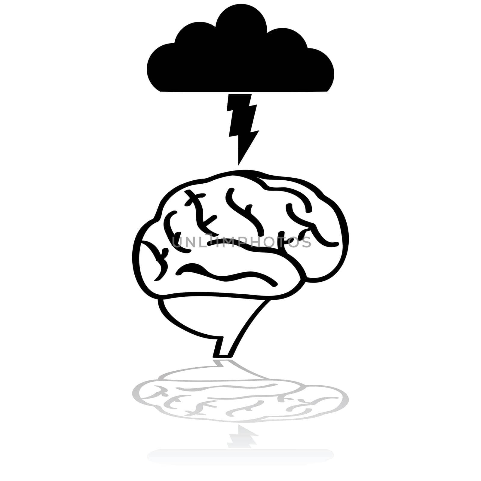 Concept illustration showing a brain with a cloud and lightning over it to symbolize a brainstorm session