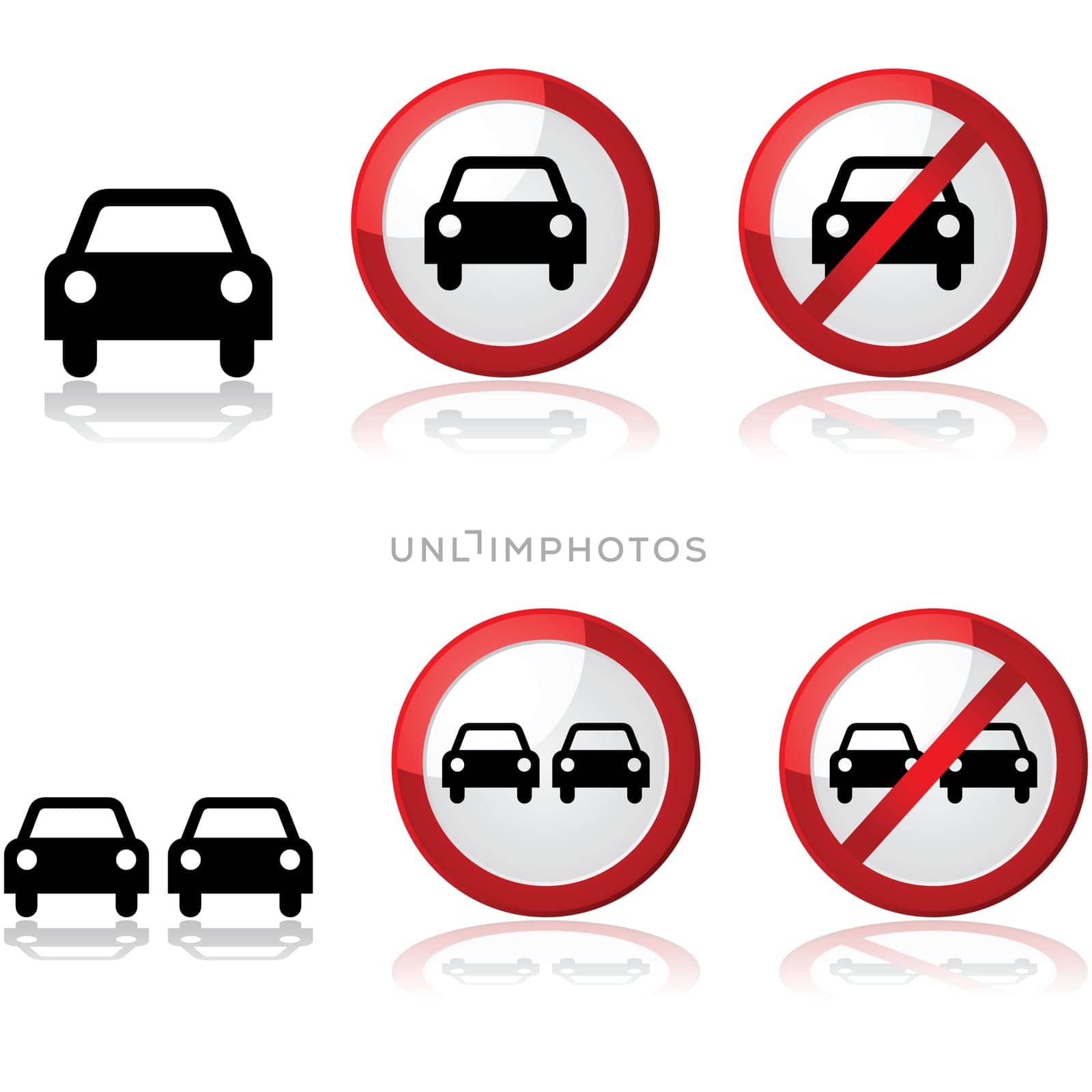 Icon set showing traffic signs with one or two cars