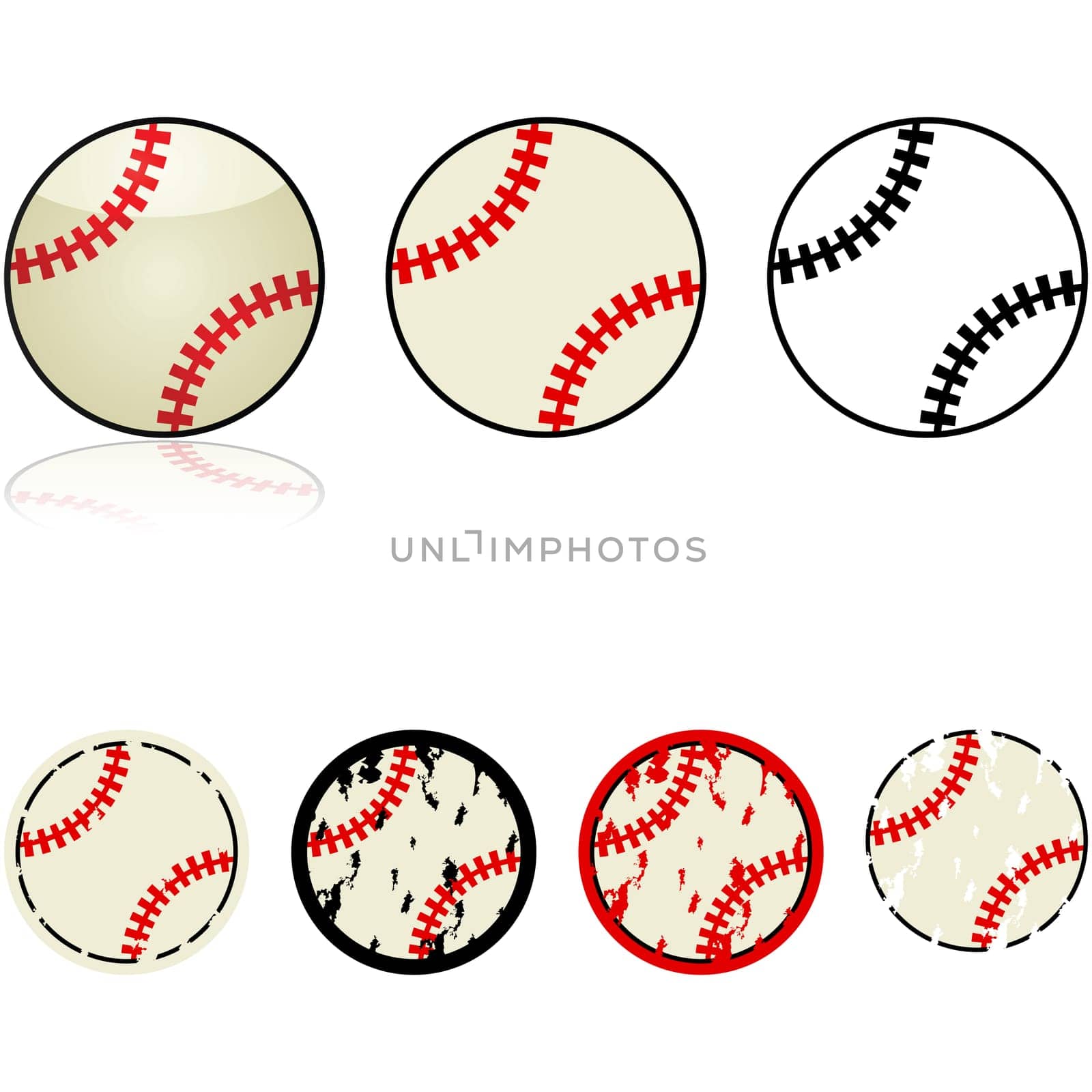 Illustration set featuring different design styles for a baseball