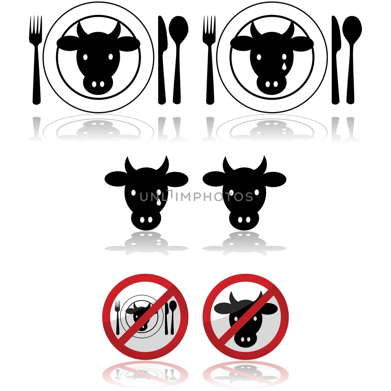 Icon set showing a cattle head combined with a plate and signs to represent beef
