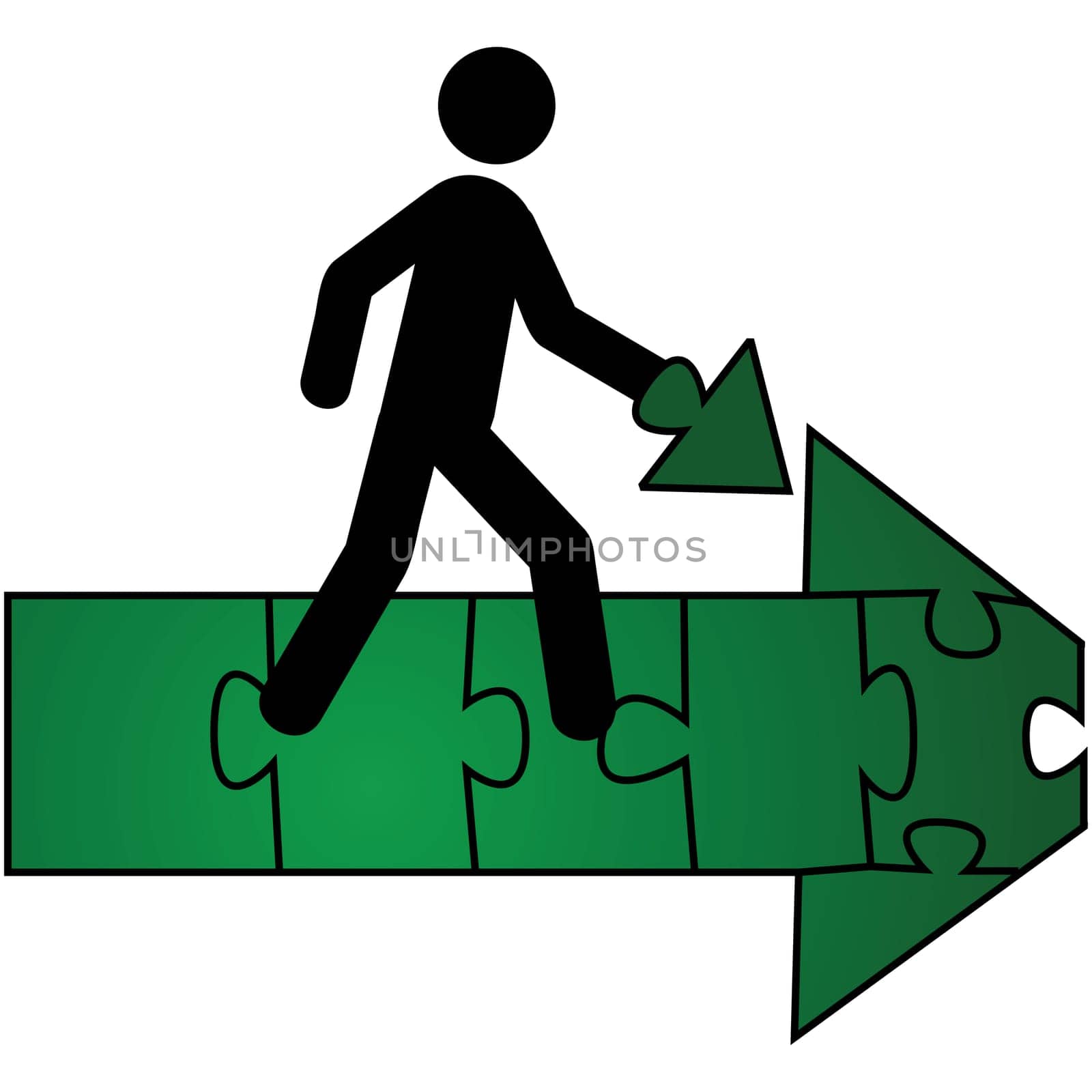 Concept illustration showing a person carrying the last piece of a puzzle that makes up a green arrow pointing forward