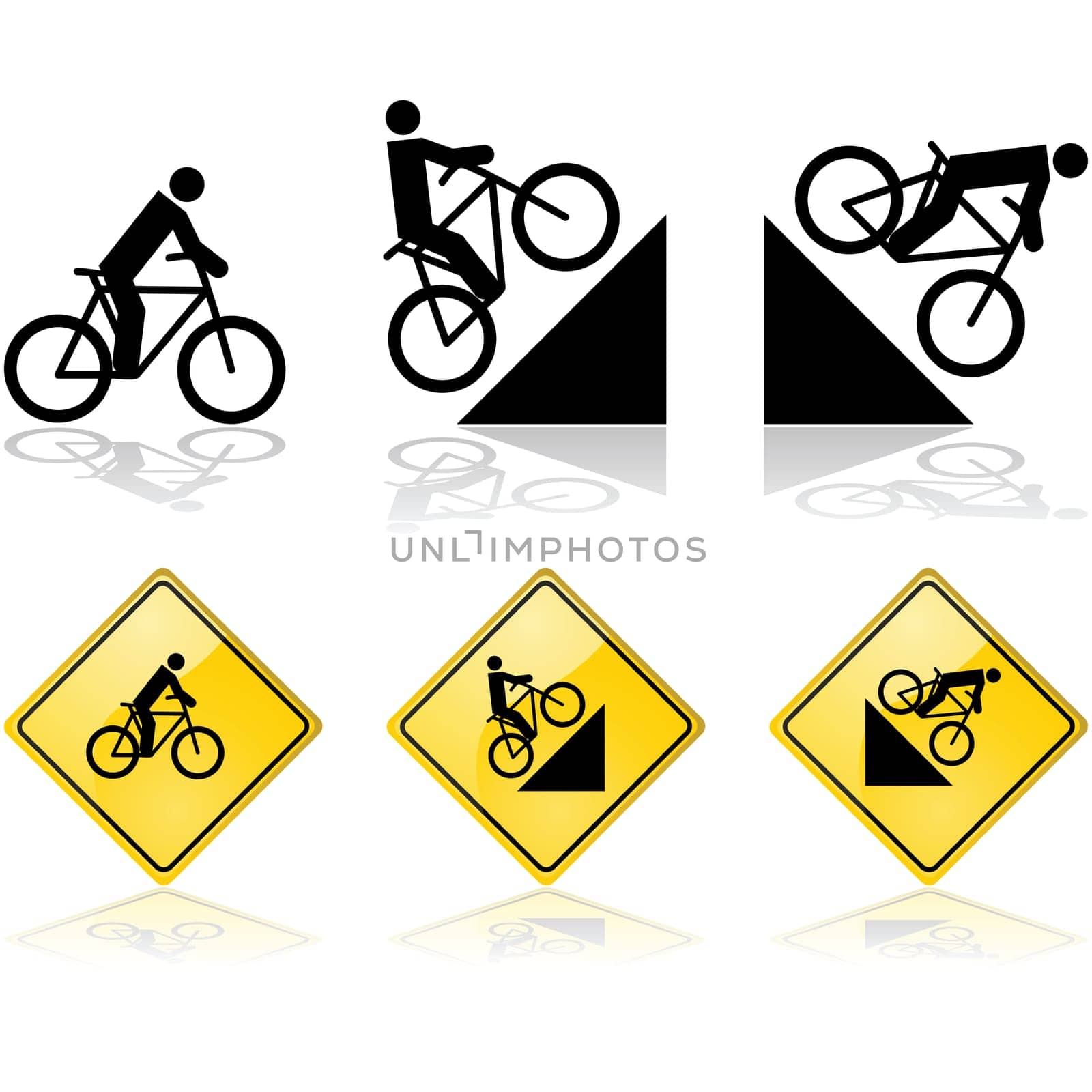 Signs showing a person riding a bicycle in flat terrain and also up and down a hill