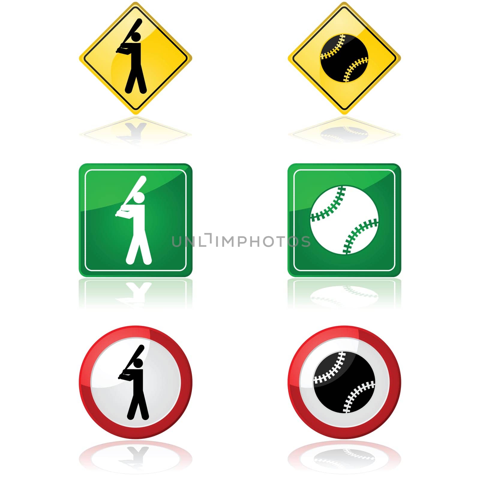 Set of traffic signs showing a baseball and a baseball player