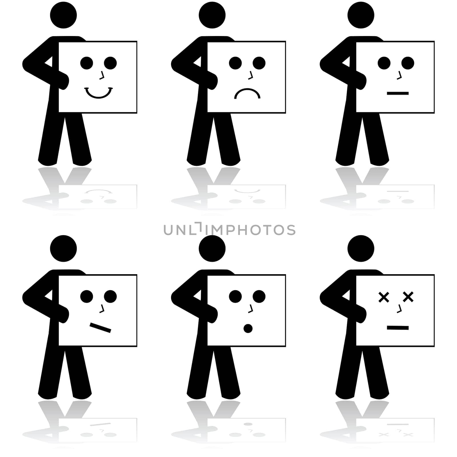 Icon set showing a man holding cards with different faces printed on them