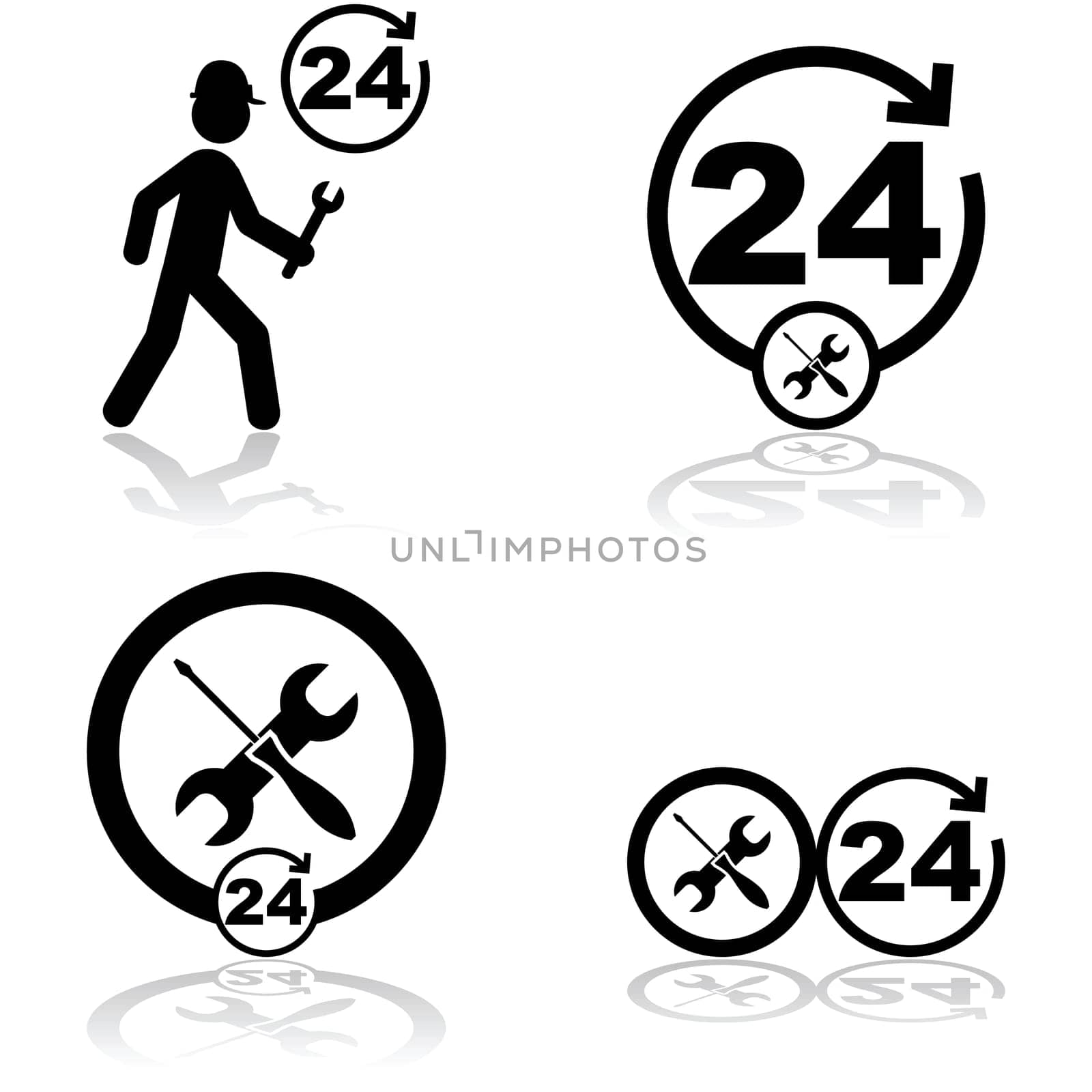 Icon set showing a handyman and tools combined with a round the clock icon to symbolize 24/7 service