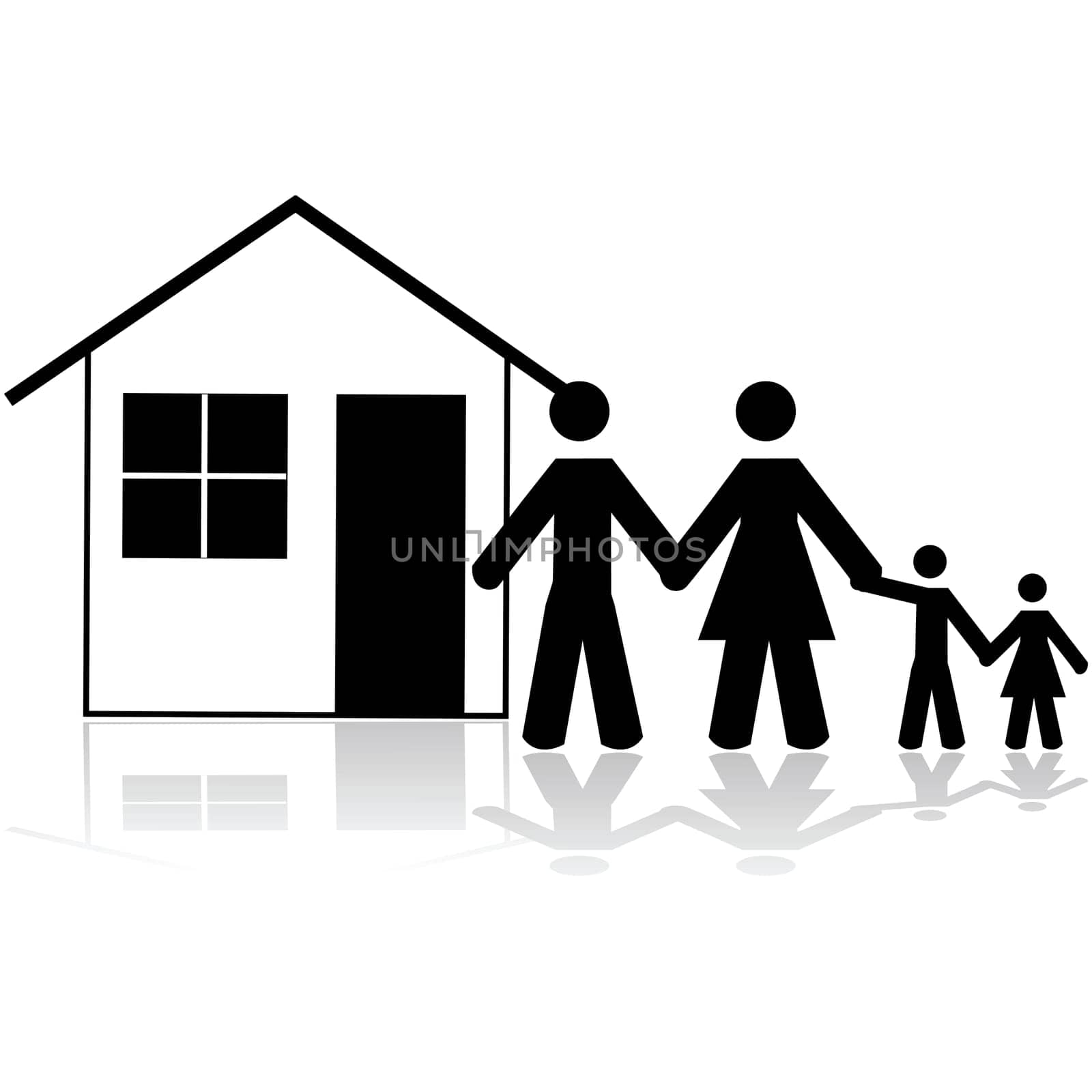 Icon illustration showing a family in front of a simple house