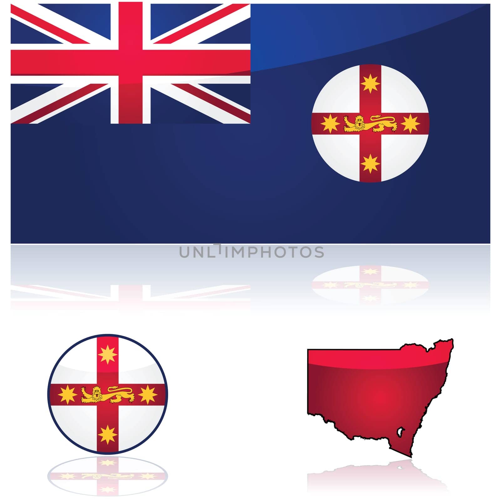 Illustration showing the flag and map of the state of New South Wales, in Australia