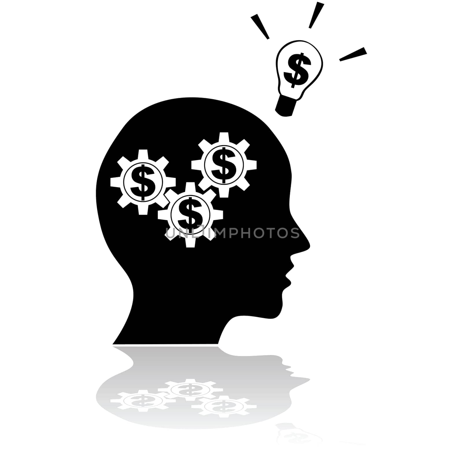 Concept illustration showing a person thinking about money having a financial related idea