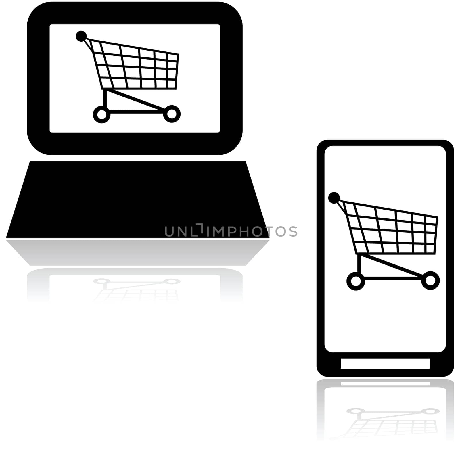 Icons showing a shopping cart inside a computer and mobile phone