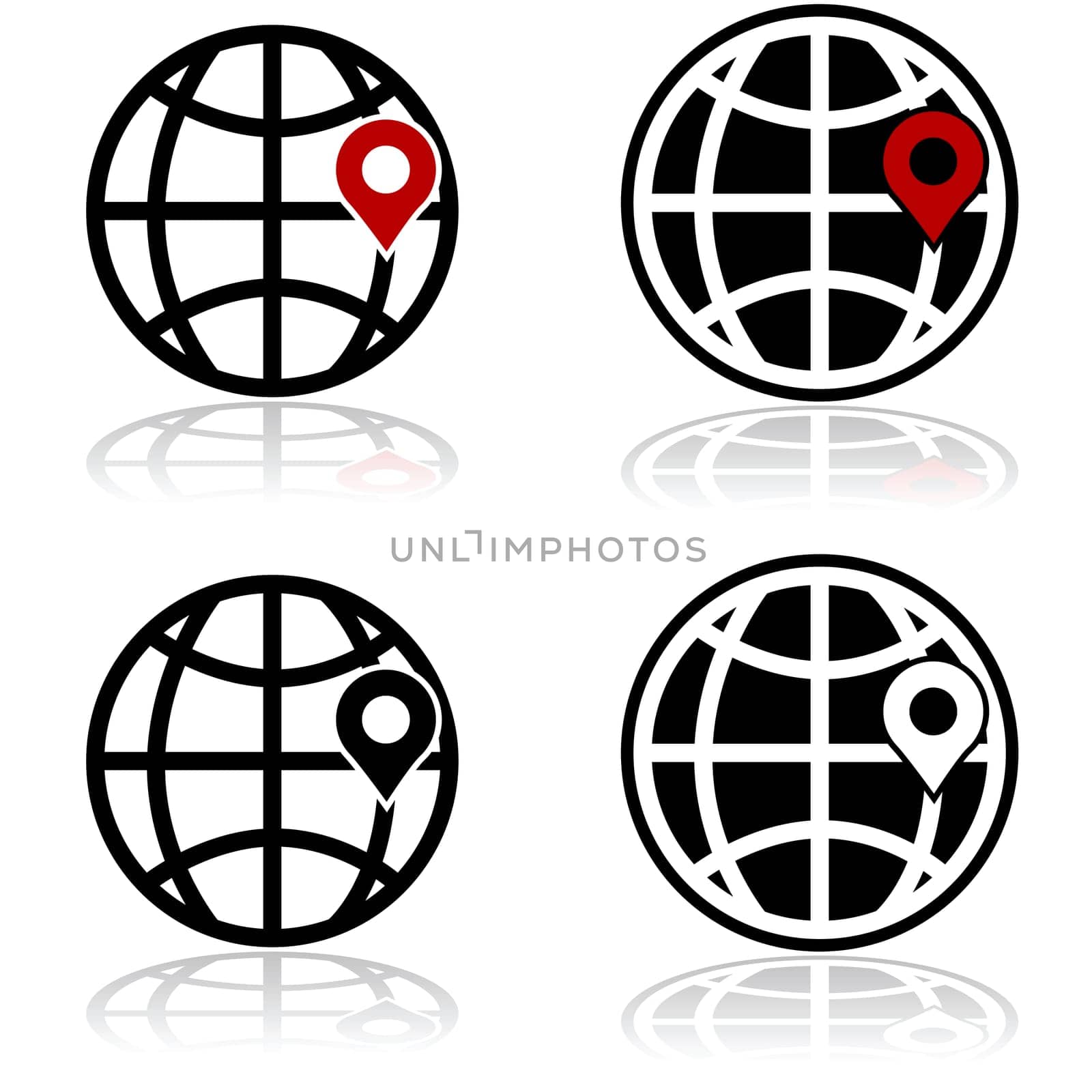 Icon set showing a globe with a location indicator on it
