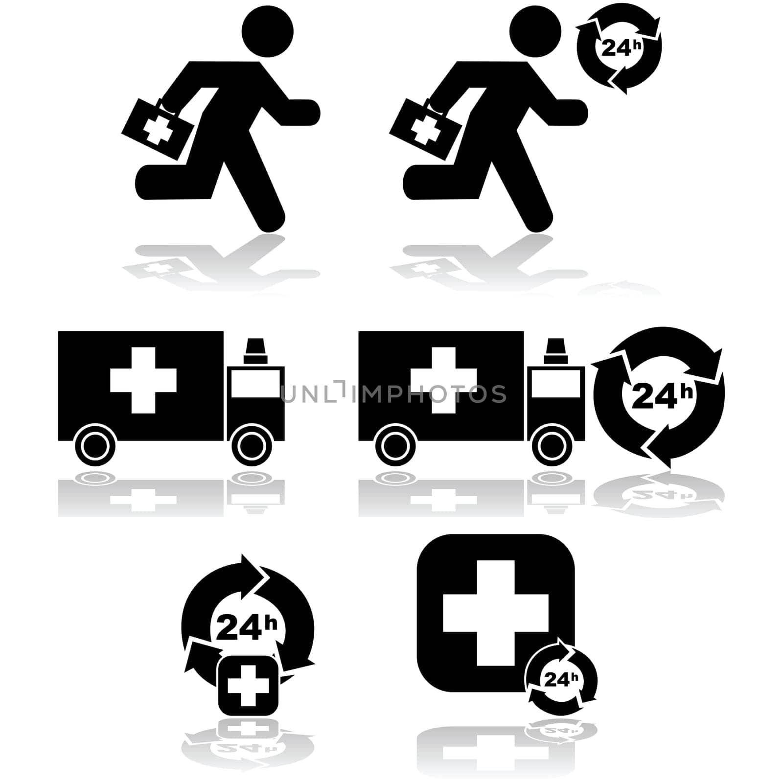 Icon set showing health related items with 24-hour emergency access
