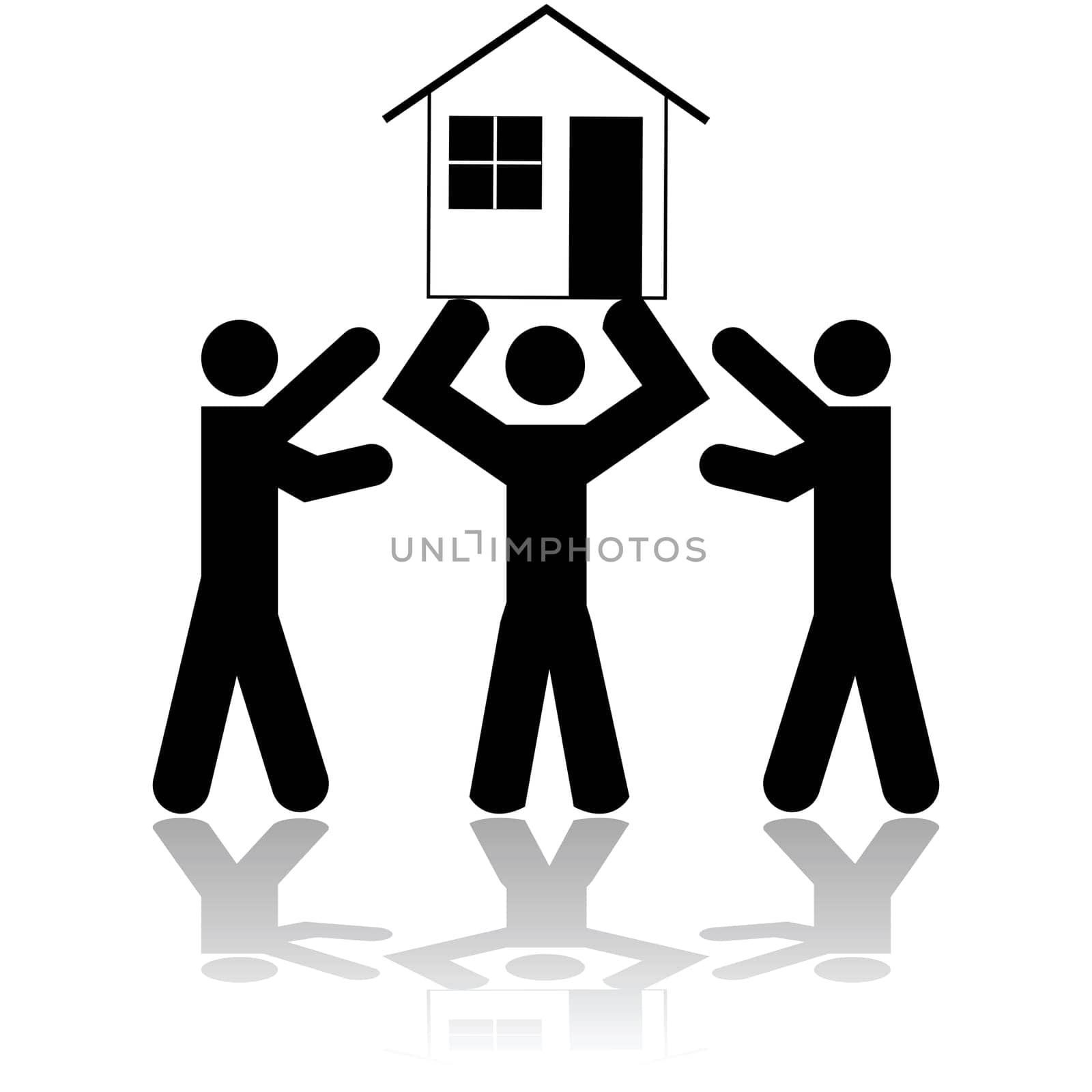 Concept illustration showing a person lifting a house while two other people try to get it from him