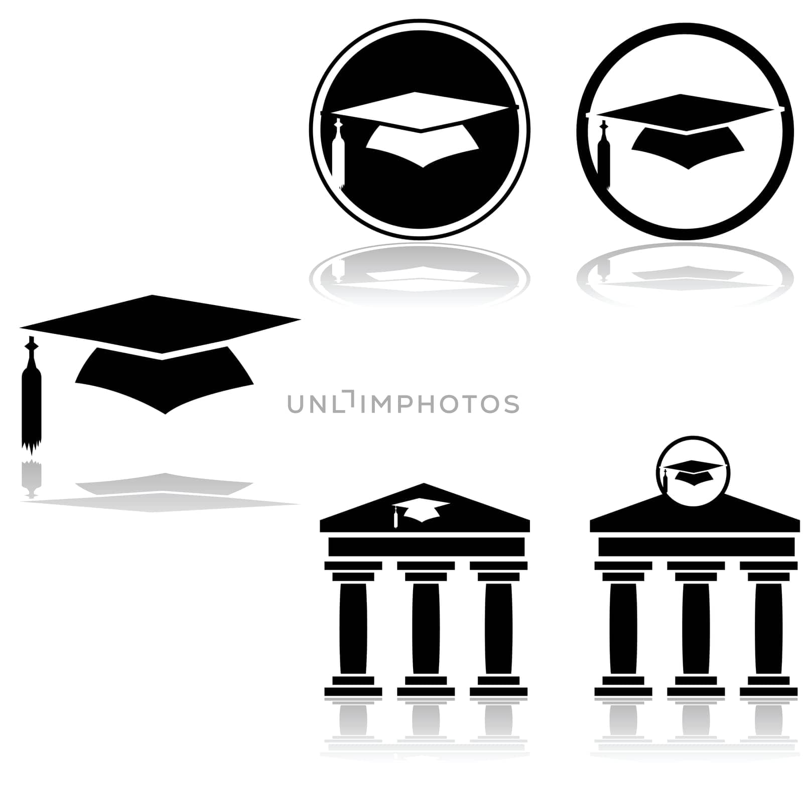 Icon set showing a graduation hat combined with other elements such as a greek style building representing a university