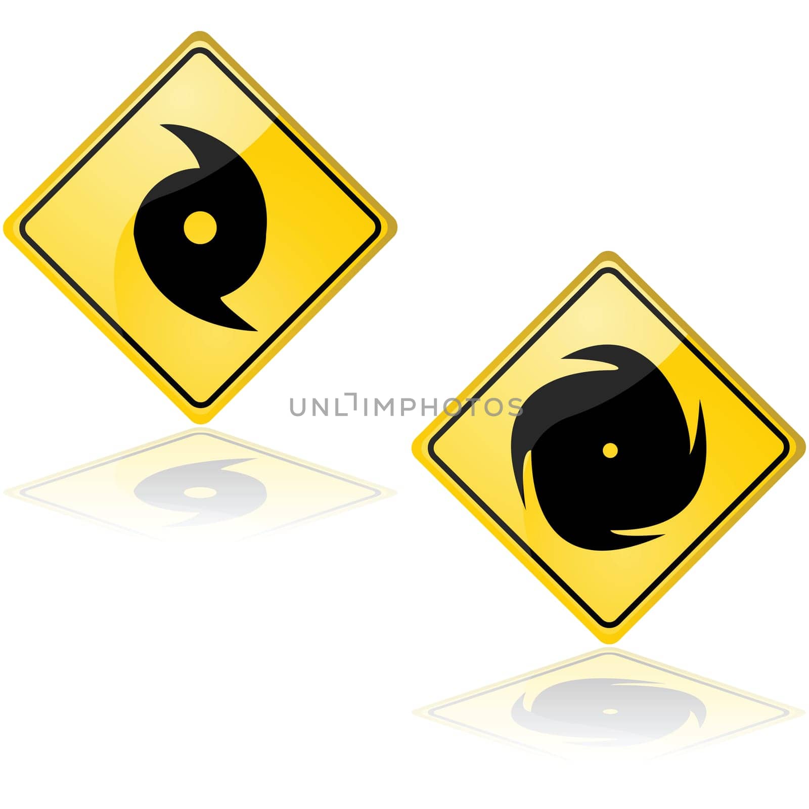 Icon set showing a couple of traffic signs alerting about a hurricane