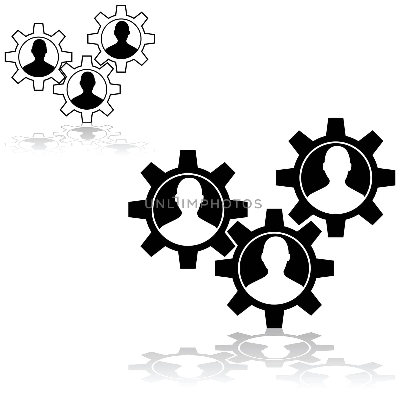 Concept illustration showing machine gear wheels with the outline of a person inside
