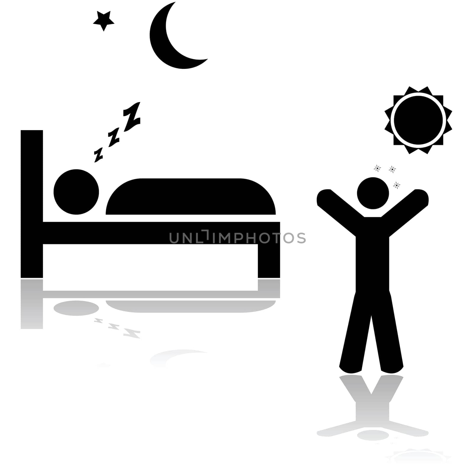 Icon illustration showing one person sleeping at night and another waking up during the day