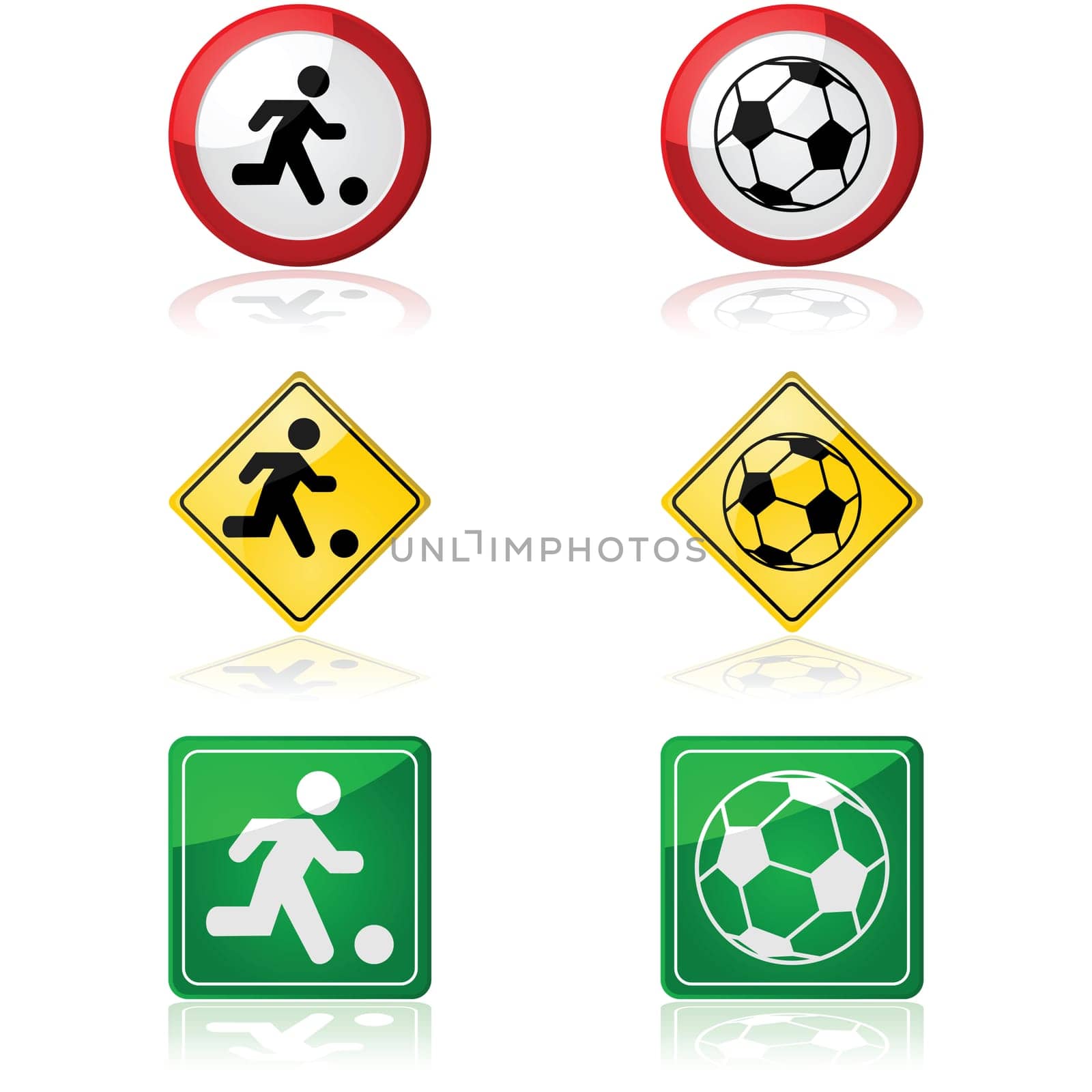 Icon set showing traffic signs with a soccer ball and a person playing soccer