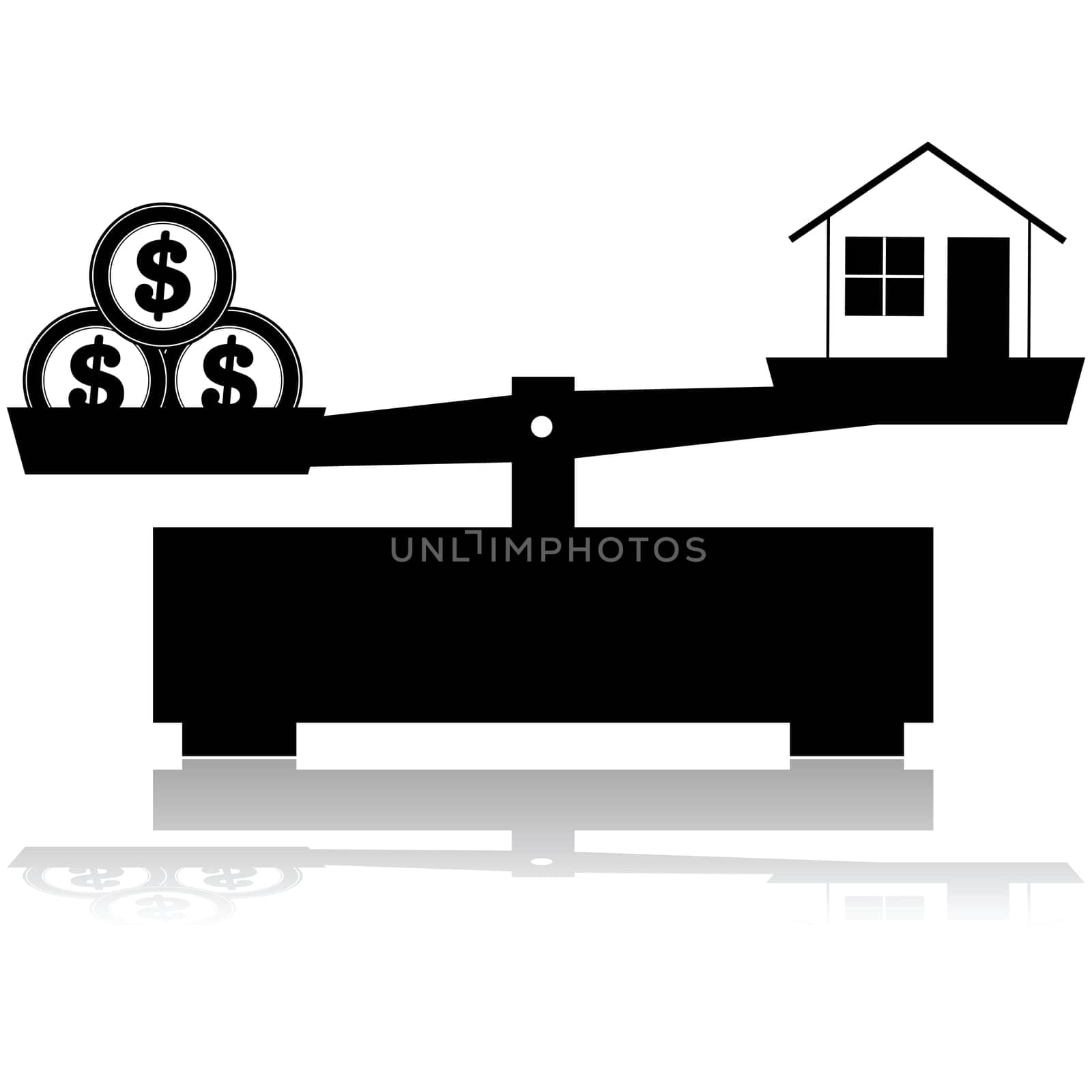 Concept illustration showing a scale balancing a house and its price, represented by three coins