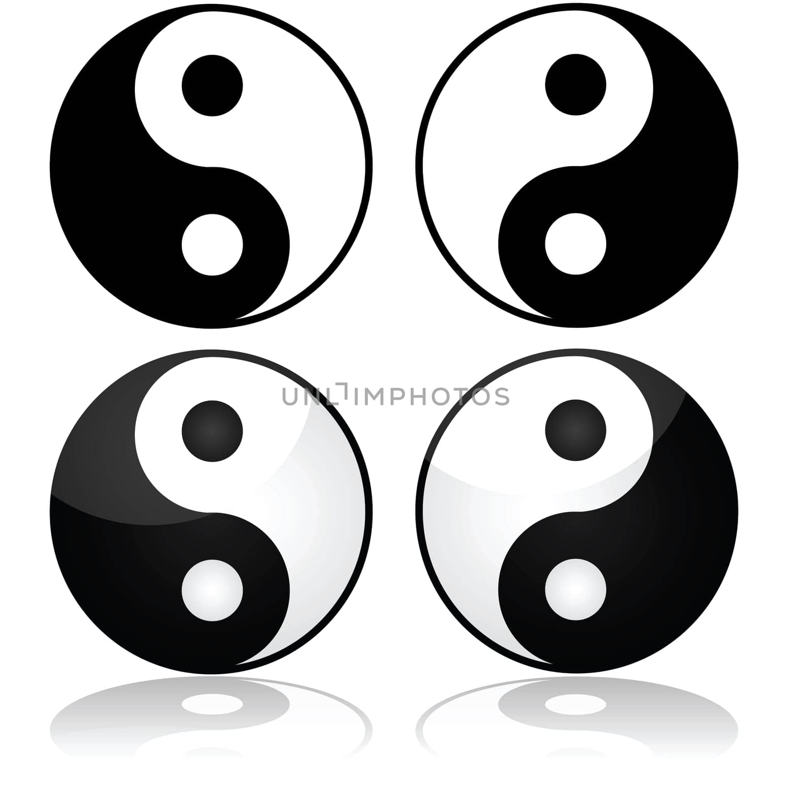 Icon set showing the traditional yin-yang symbol represented in different styles