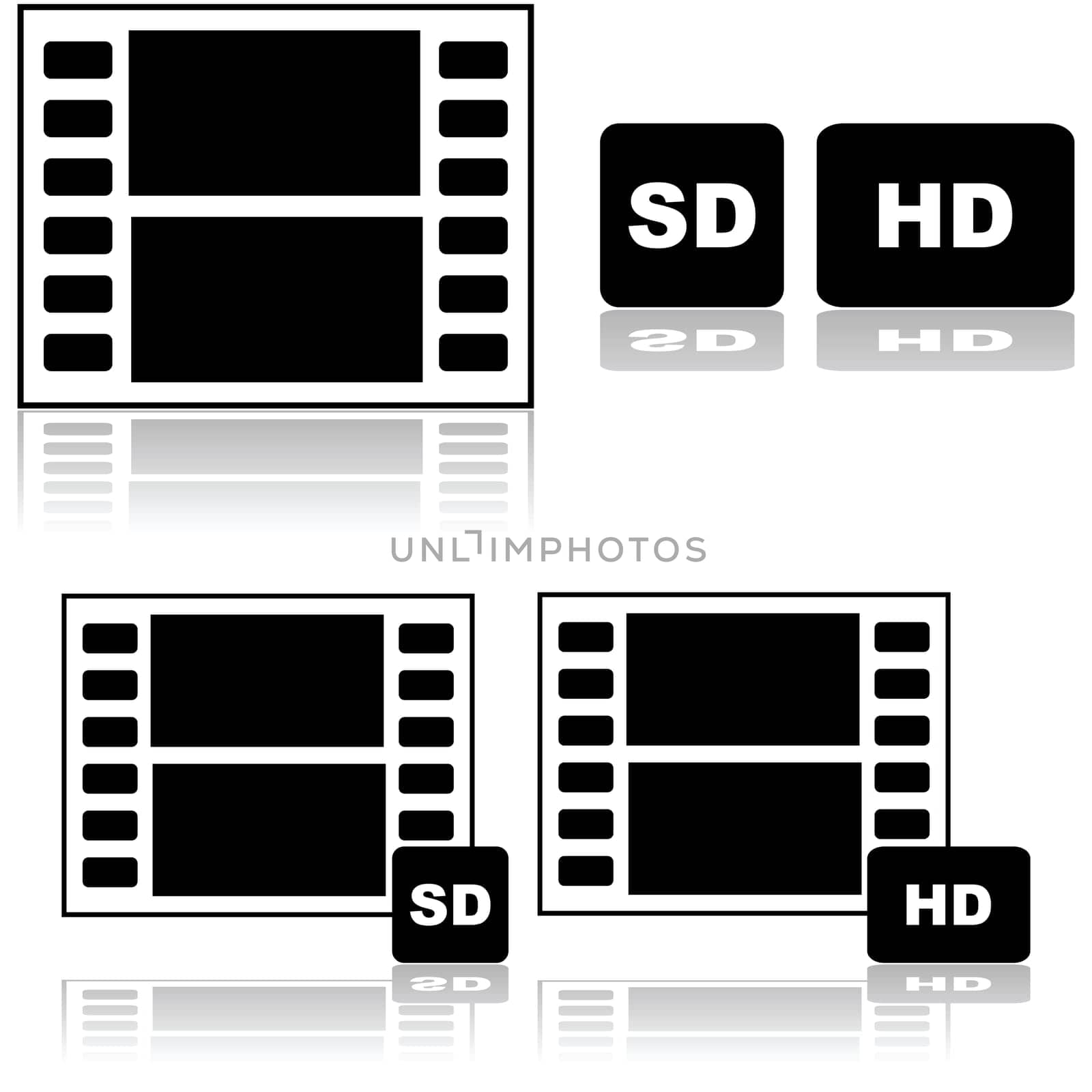 Icon set showing a film strip with SD and HD identifiers, for standard and high definition resolution